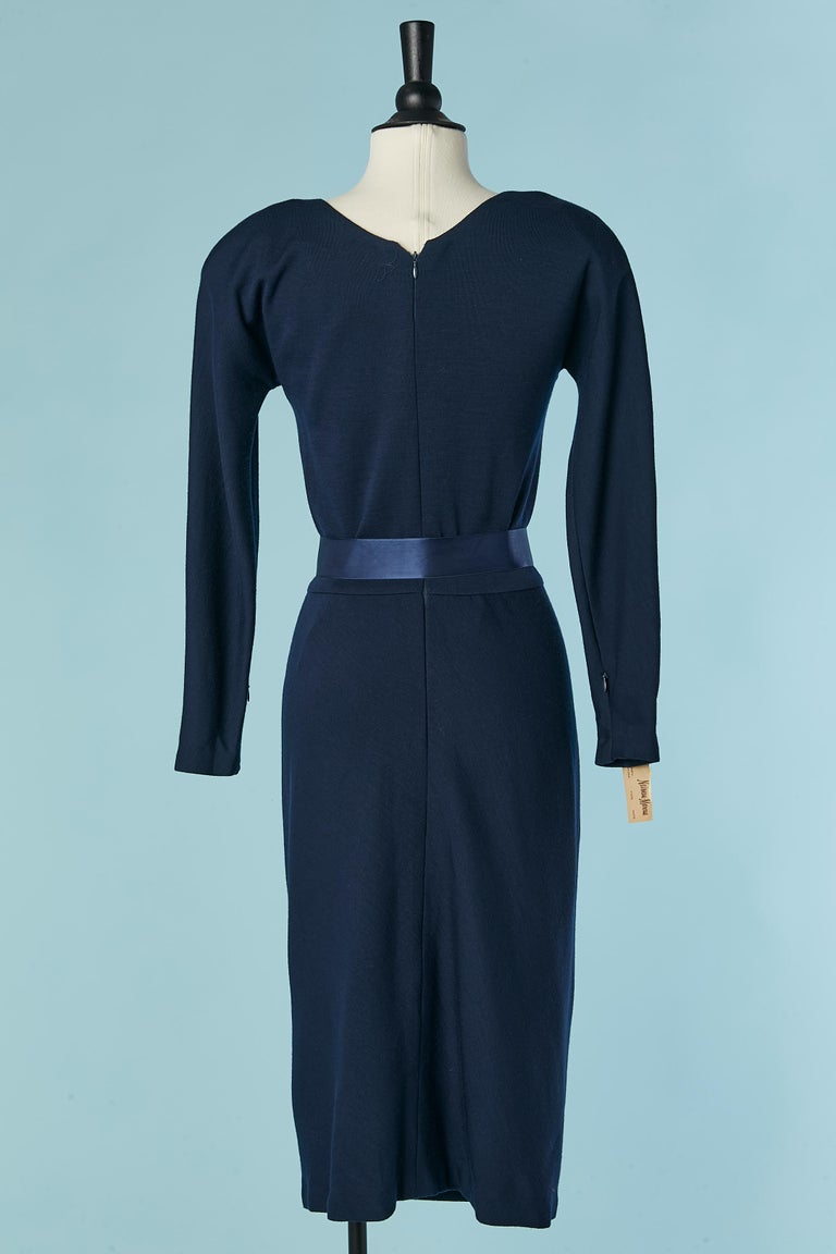 neiman marcus navy blue dress Navy blue wool jersey dress with satin belt Geoffrey Beene for Neiman Marcus For Sale at 1stDibs