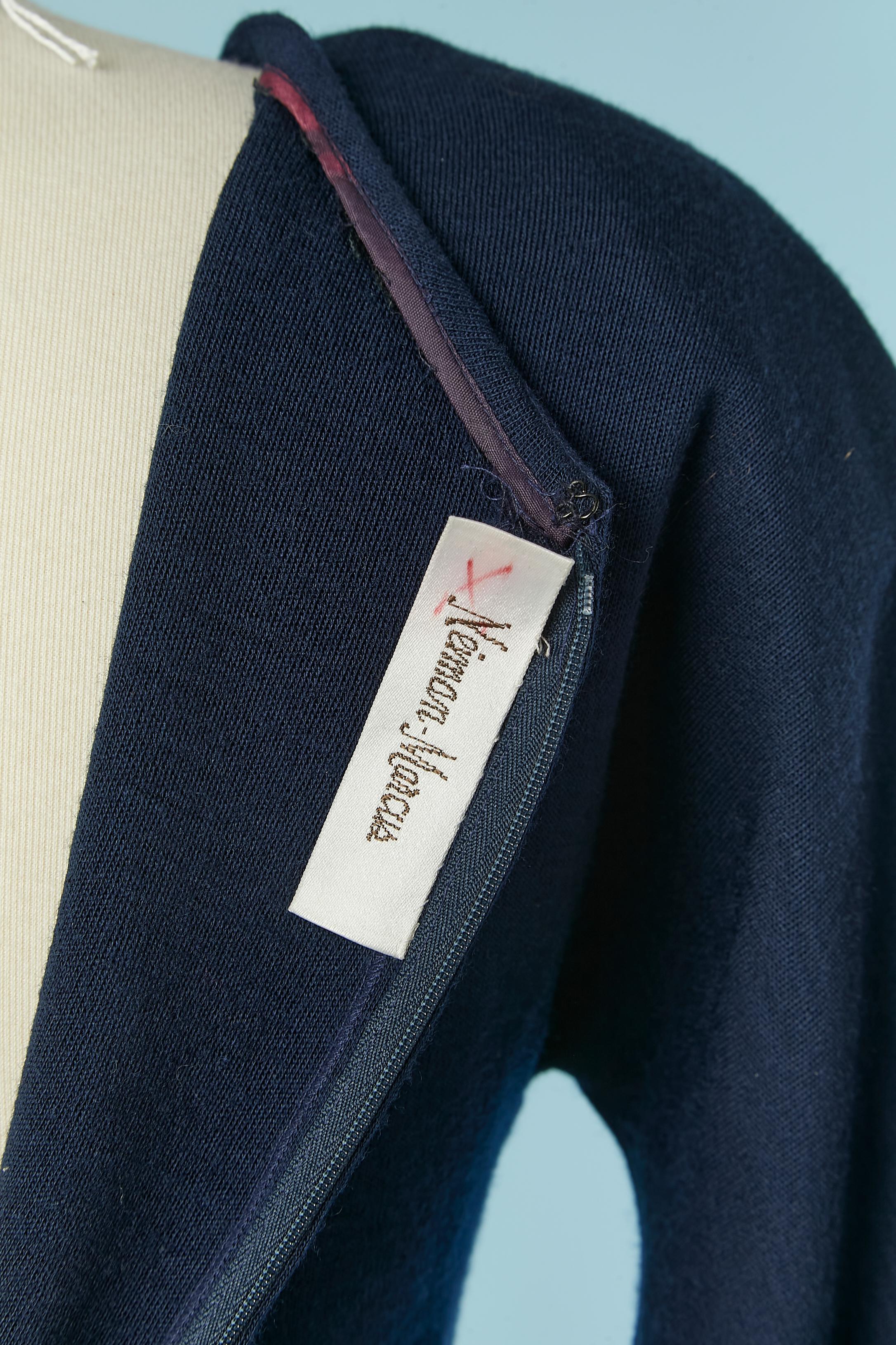 Navy blue wool jersey dress with satin belt Geoffrey Beene for Neiman Marcus For Sale 4