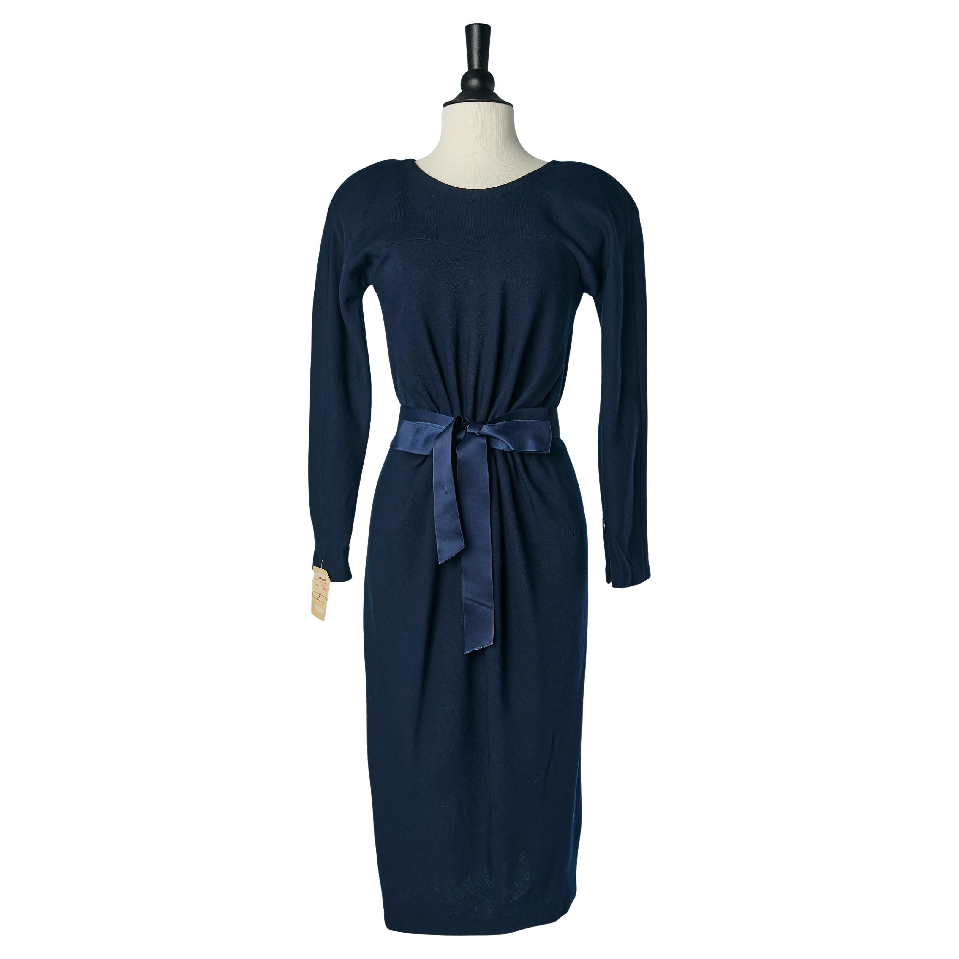 Navy blue wool jersey dress with satin belt Geoffrey Beene for Neiman Marcus For Sale