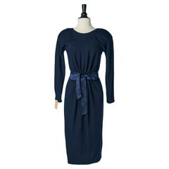 Navy blue wool jersey dress with satin belt Geoffrey Beene for Neiman Marcus