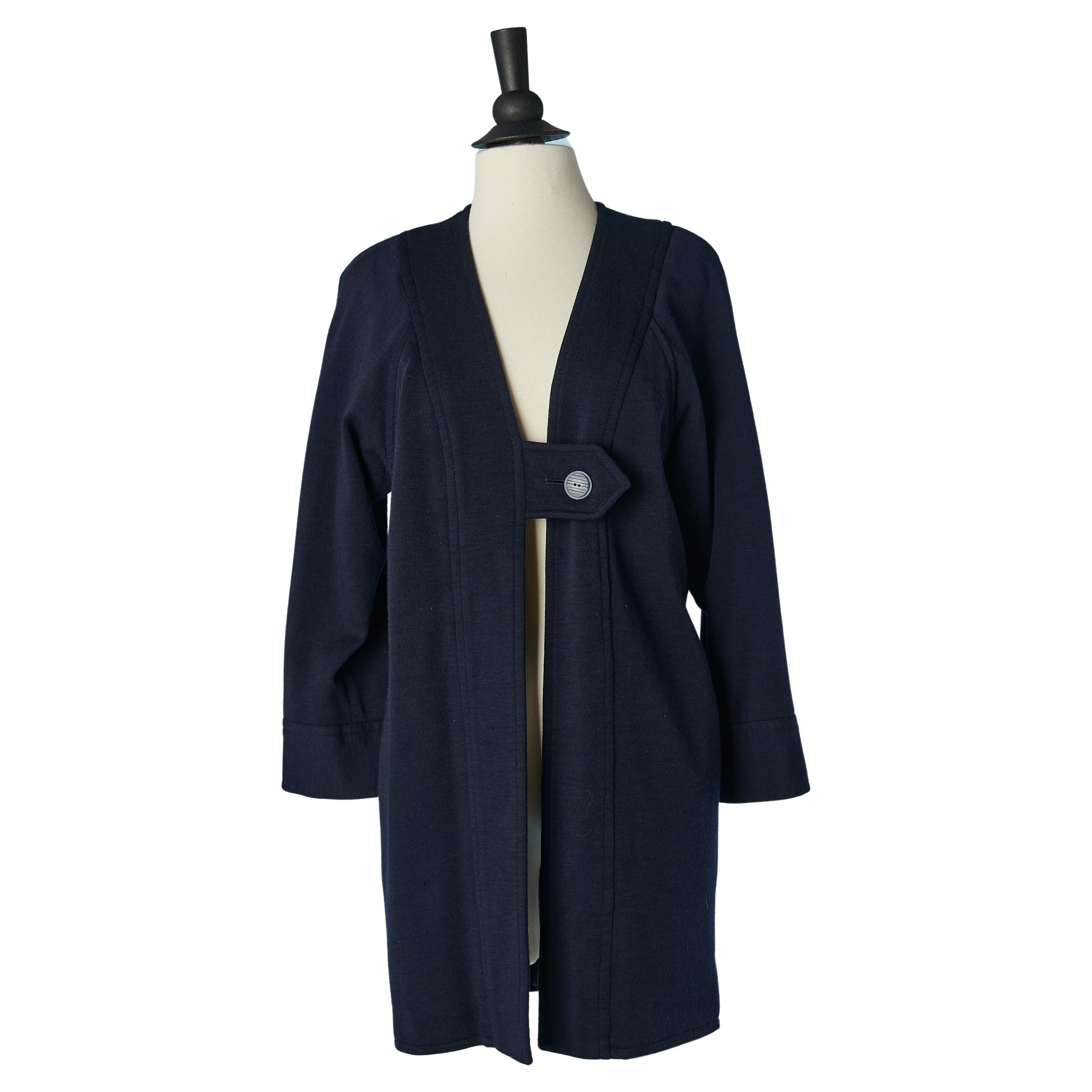 Navy blue wool jersey long jacket with button closure Saint Laurent Rive Gauche  For Sale