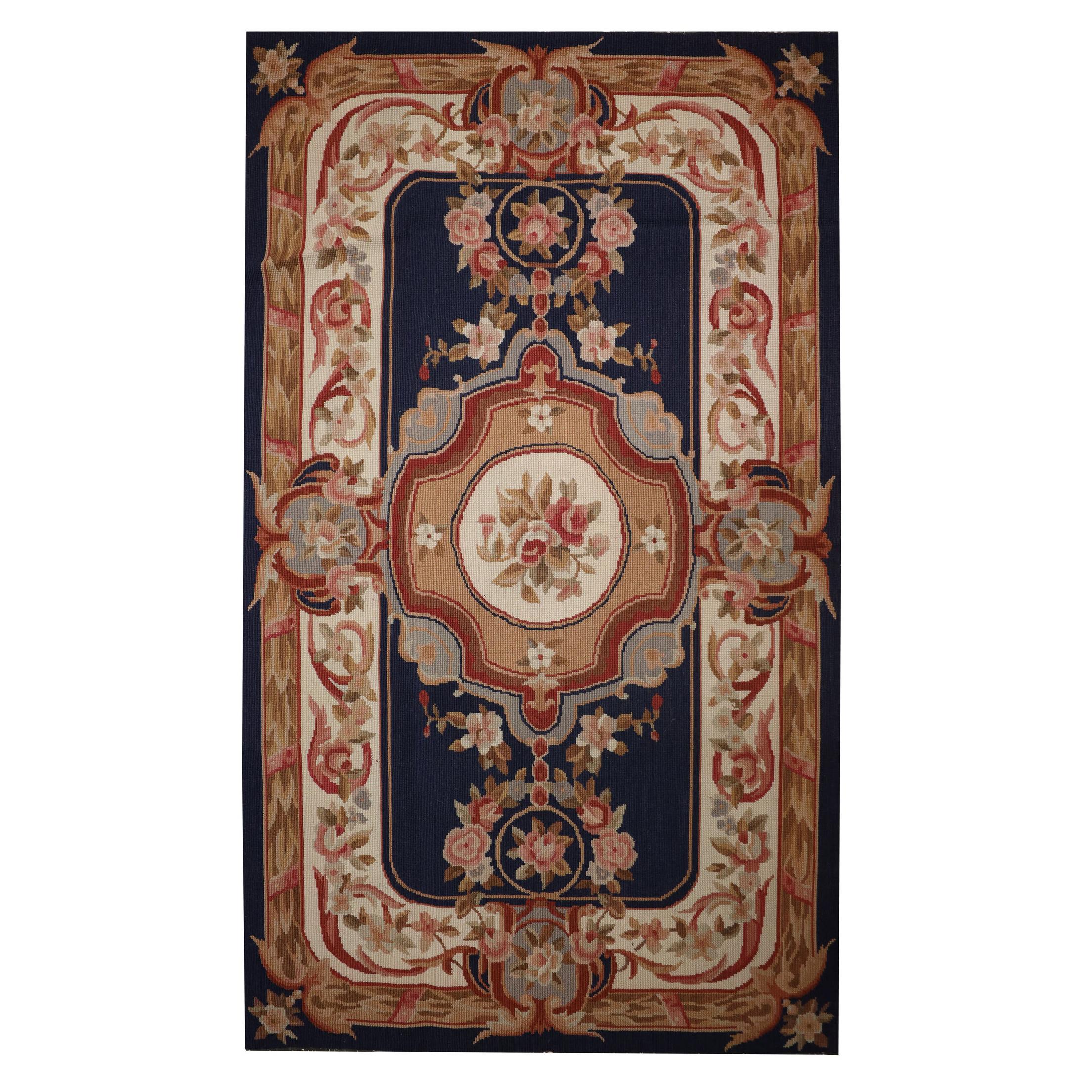 Navy Blue Wool Needlepoint Rug Traditional Aubusson Handmade Tapestry For Sale