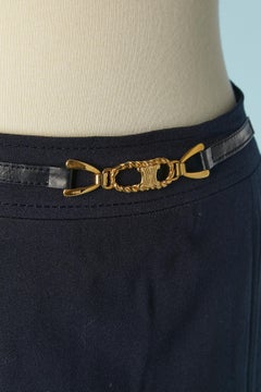 Navy blue wool pleated skirt with gold metal brand CELINE