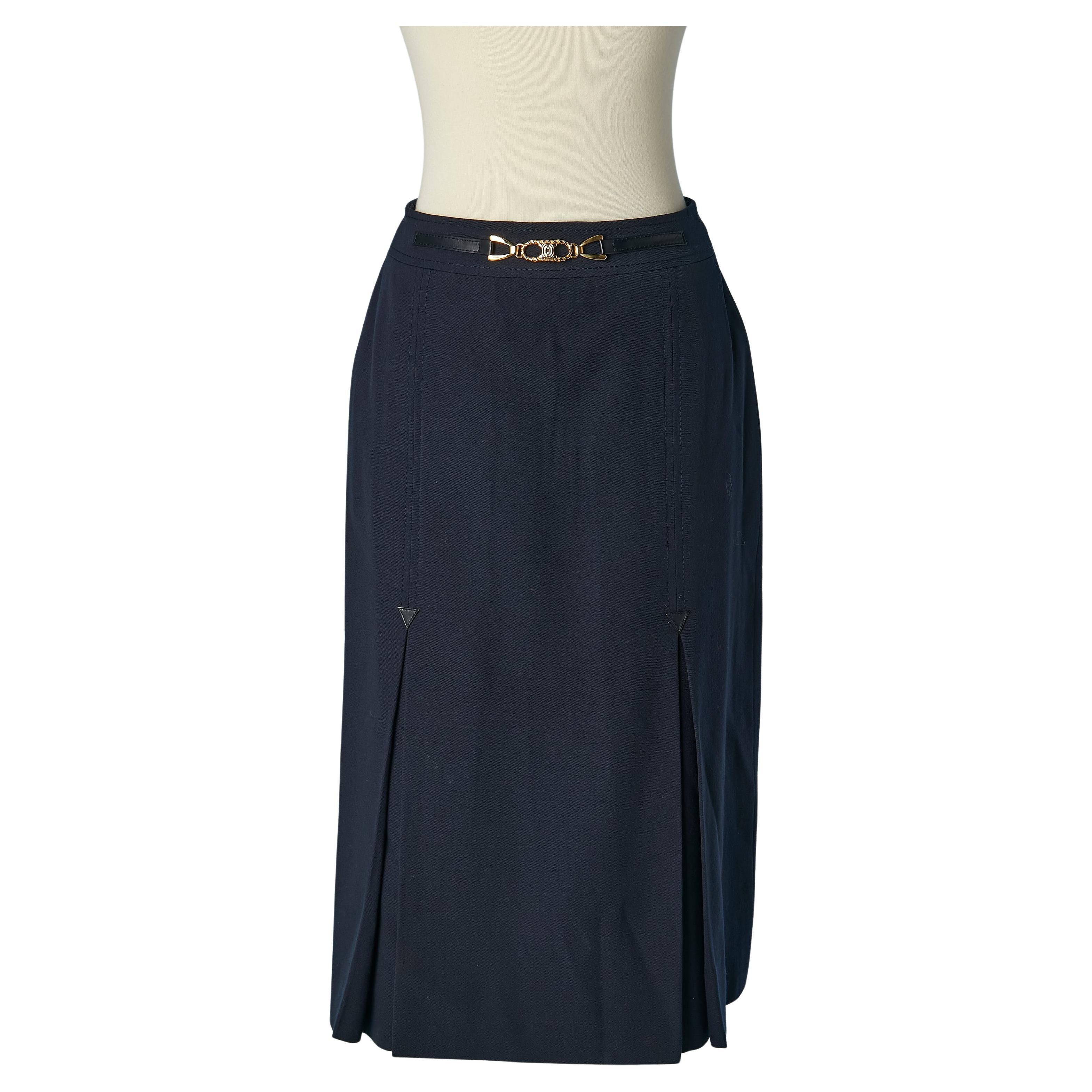 Marineblauer Faltenrock aus Wolle mit goldener Metallmarke CELINE