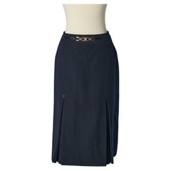 Marineblauer Faltenrock aus Wolle mit goldener Metallmarke CELINE