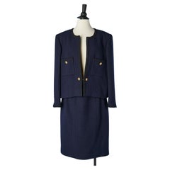 Navy blue wool skirt-suit with gold metal buttons Chanel Boutique 