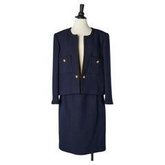 Navy blue wool skirt-suit with gold metal buttons Chanel Boutique