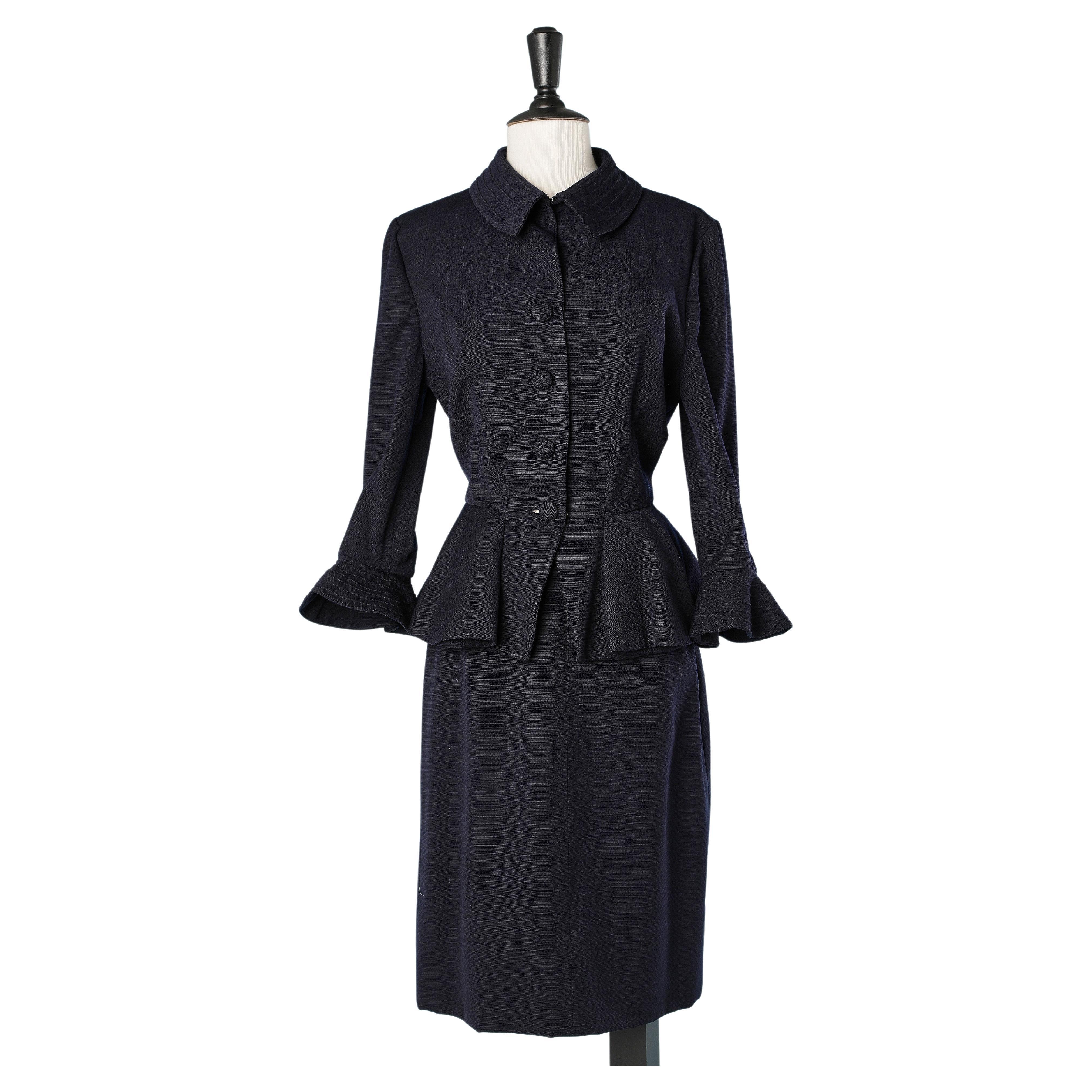 Navy blue wool skirt suit with top-stitching Lilli Ann Circa 1940 For Sale