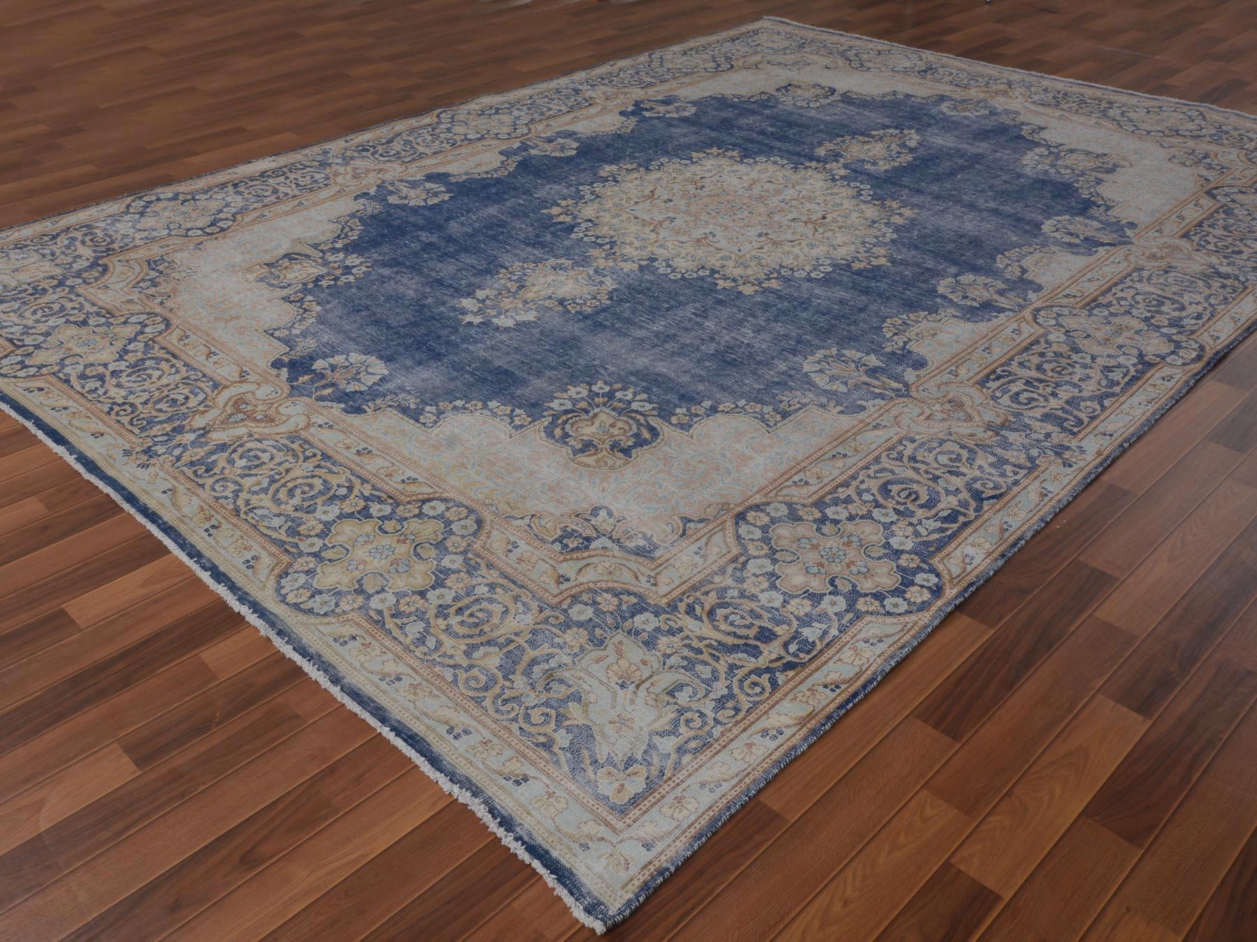 Hand-Knotted Navy Blue Worn Down Vintage Persian Kerman Pure Wool Hand Knotted Oriental Rug