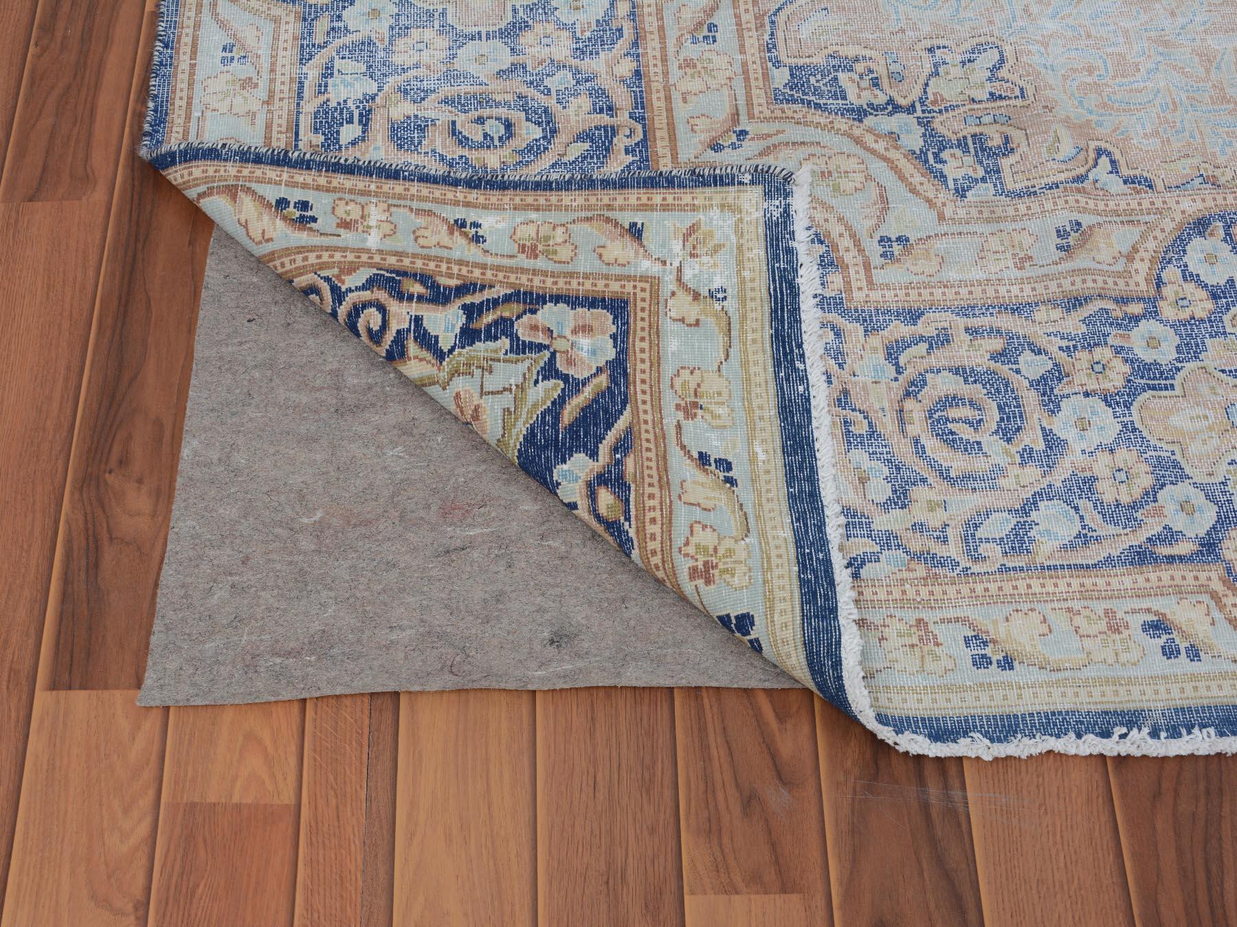 Navy Blue Worn Down Vintage Persian Kerman Pure Wool Hand Knotted Oriental Rug In Distressed Condition In Carlstadt, NJ