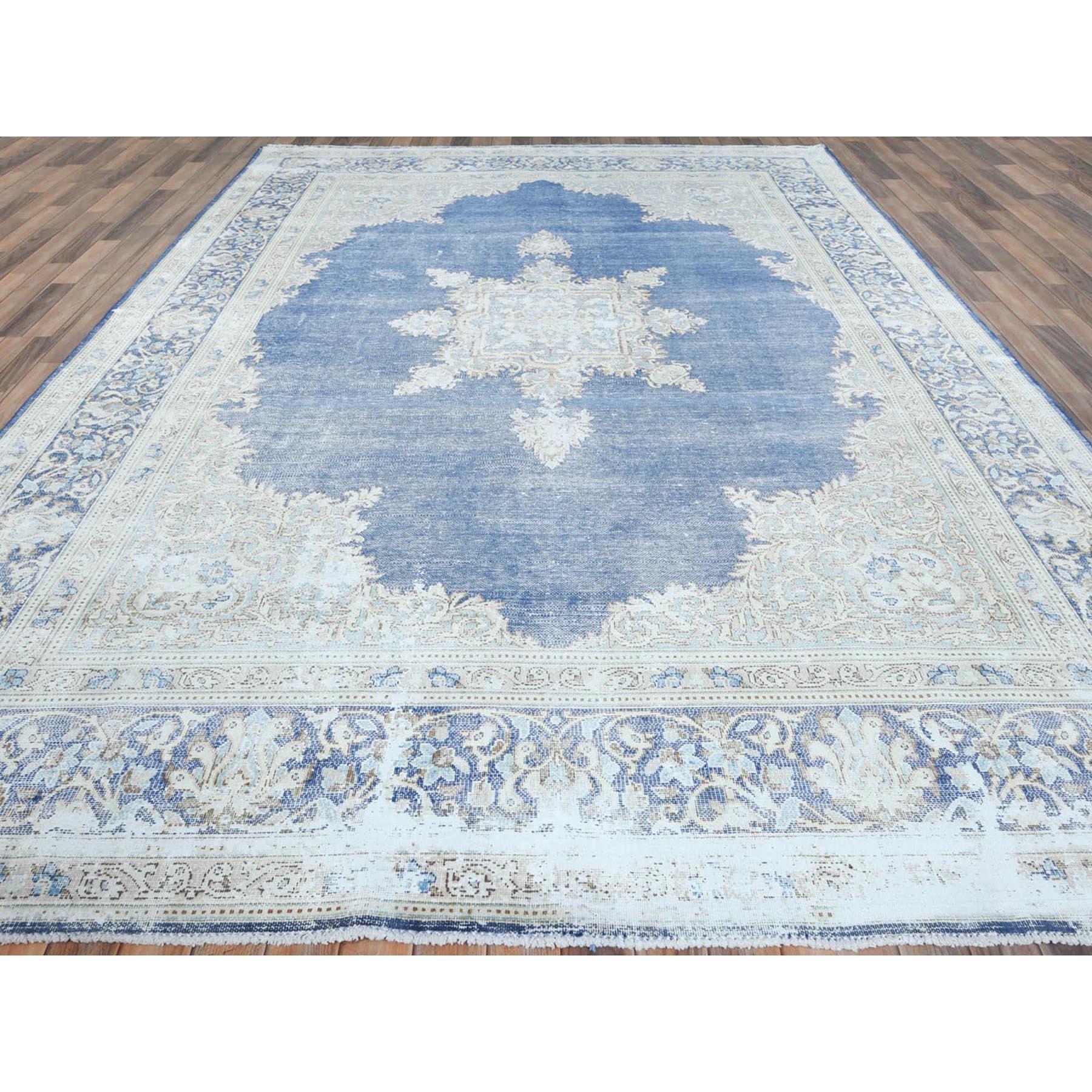 Medieval Navy Blue Worn Wool Cropped Thin Hand Knotted Old Persian Kerman Distressed Rug For Sale