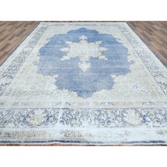 Navy Blue Worn Wool Cropped Thin Hand Knotted Vintage Zoroastrian Karman Rug