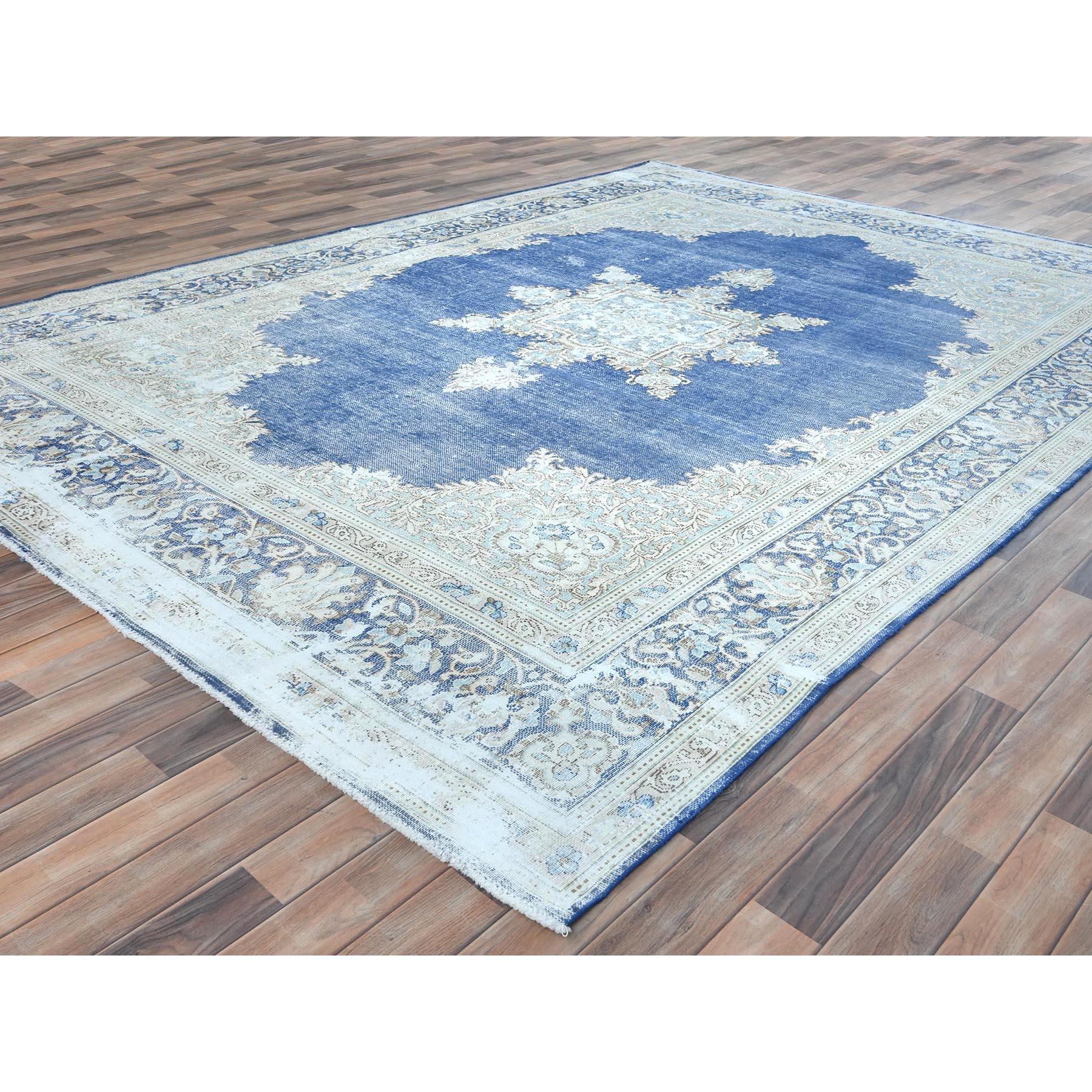 Hand-Knotted Navy Blue Worn Wool Cropped Thin Hand Knotted Old Persian Kerman Distressed Rug For Sale