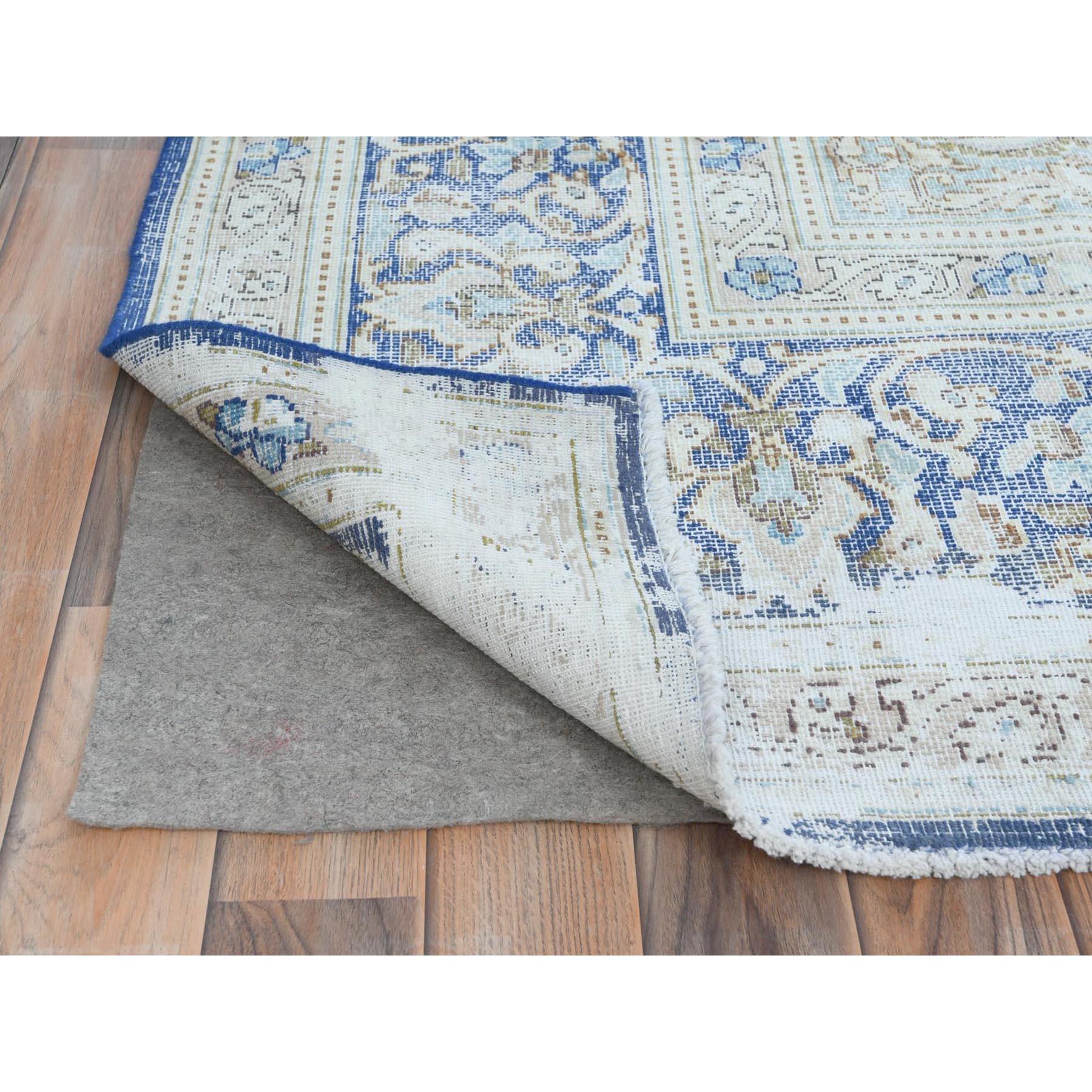 Navy Blue Worn Wool Cropped Thin Hand Knotted Old Persian Kerman Distressed Rug In Good Condition For Sale In Carlstadt, NJ