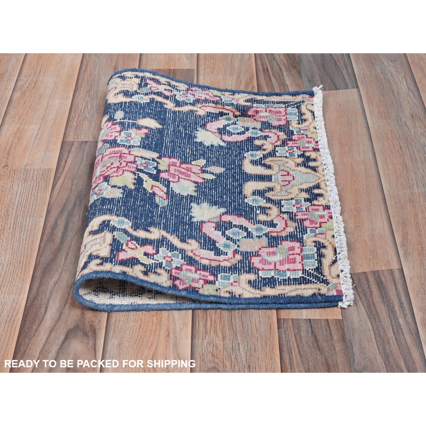 Navy Blue Worn Wool Hand Knotted Vintage Persian Kerman Distressed Look Rug In Good Condition For Sale In Carlstadt, NJ