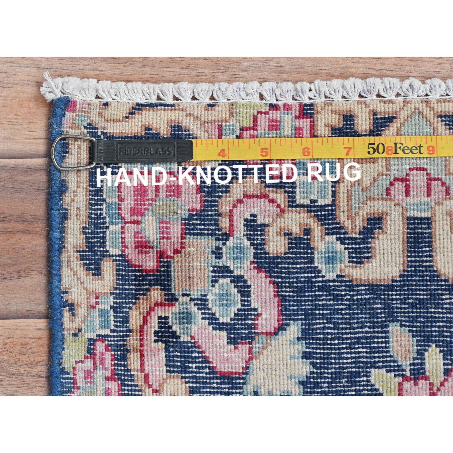 Navy Blue Worn Wool Hand Knotted Vintage Persian Kerman Distressed Look Rug For Sale 1