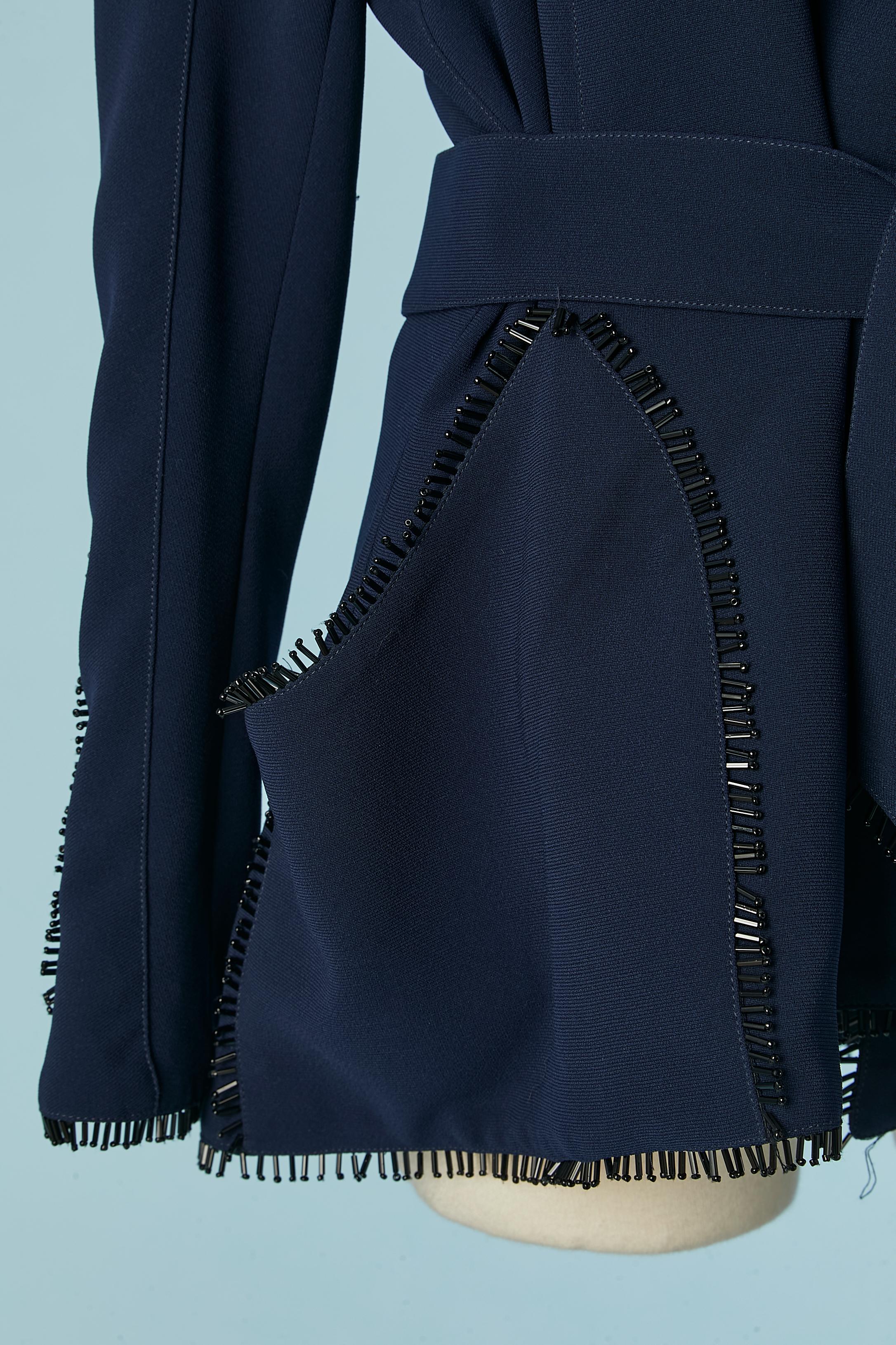Chaqueta azul marino con cinturón y ribetes de cuentas negras Thierry Mugler Negro en venta
