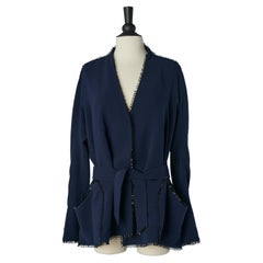 Navy blue wrap jacket with belt and black beads piping Thierry Mugler 