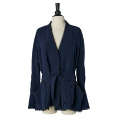 Navy blue wrap jacket with belt and black beads piping Thierry Mugler