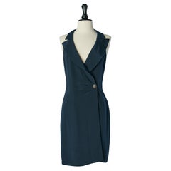 Navy blue wrapped sleeveless dress Yves Saint Laurent Rive Gauche