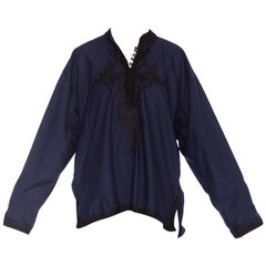 1970'S Navy Blue & Black Poly Blend Bohemian Embroidered Shirt With Antique Sil