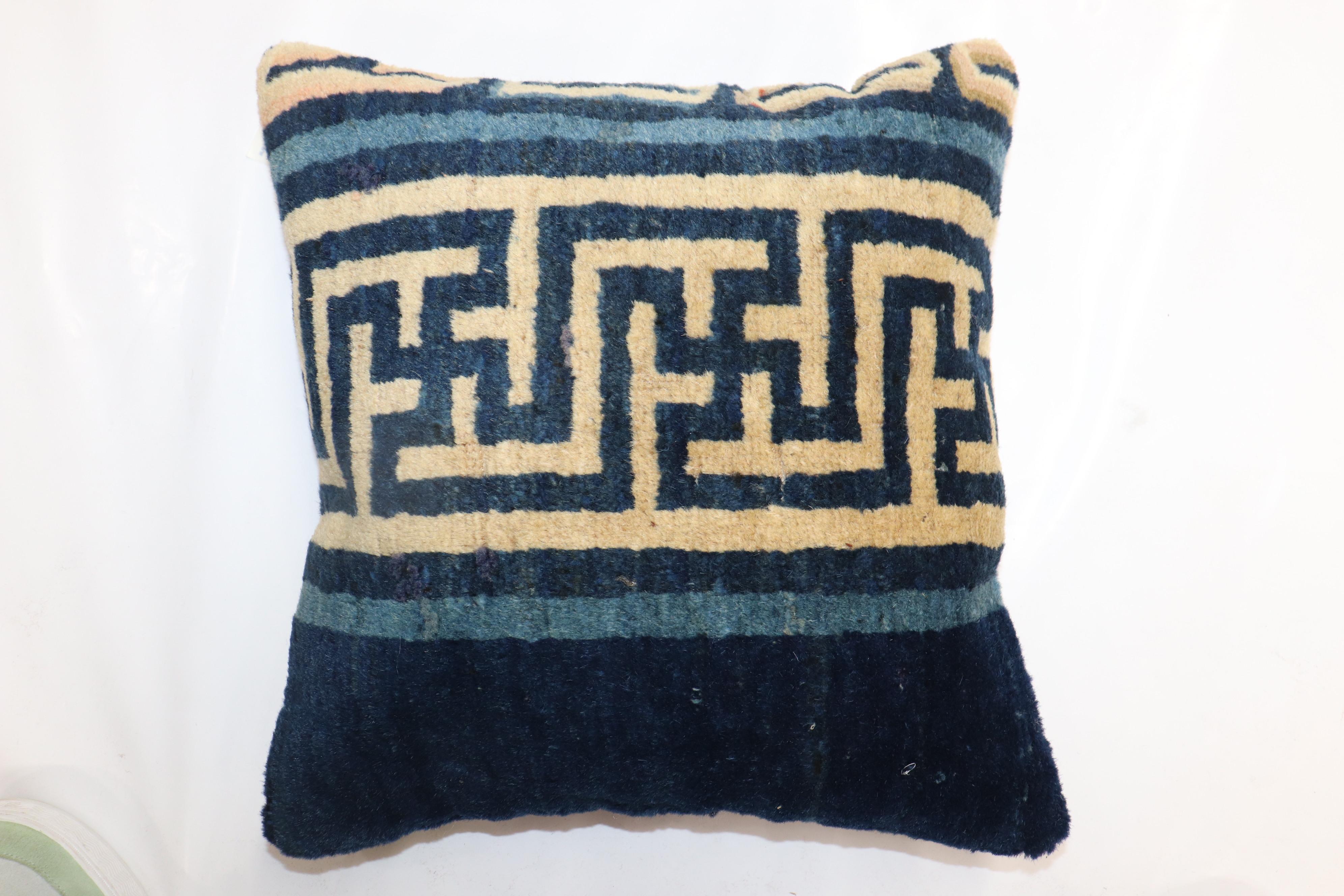 Chinese Export Navy border Chinese Rug Pillow For Sale
