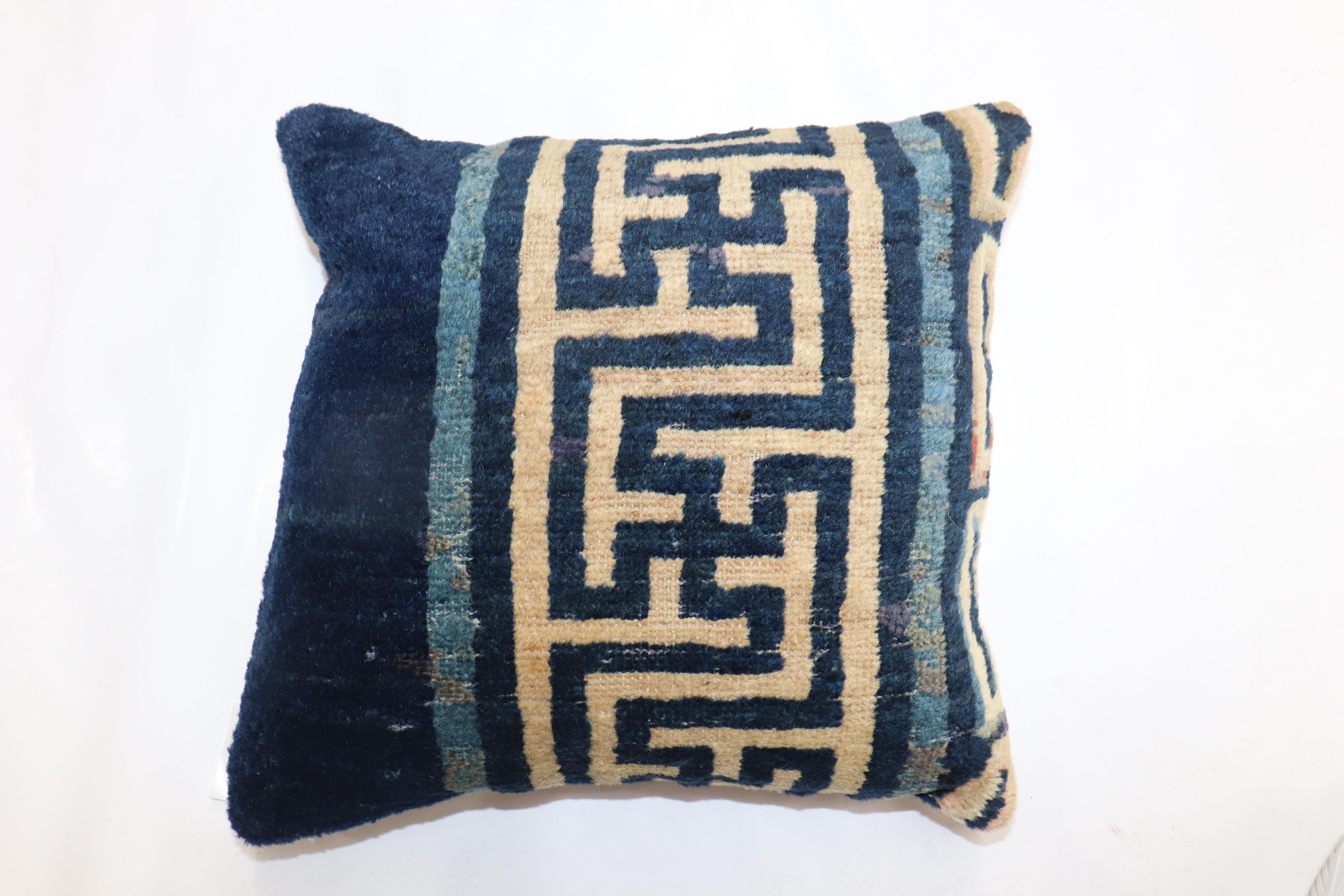 Navy border Chinese Rug Pillow In Good Condition For Sale In New York, NY