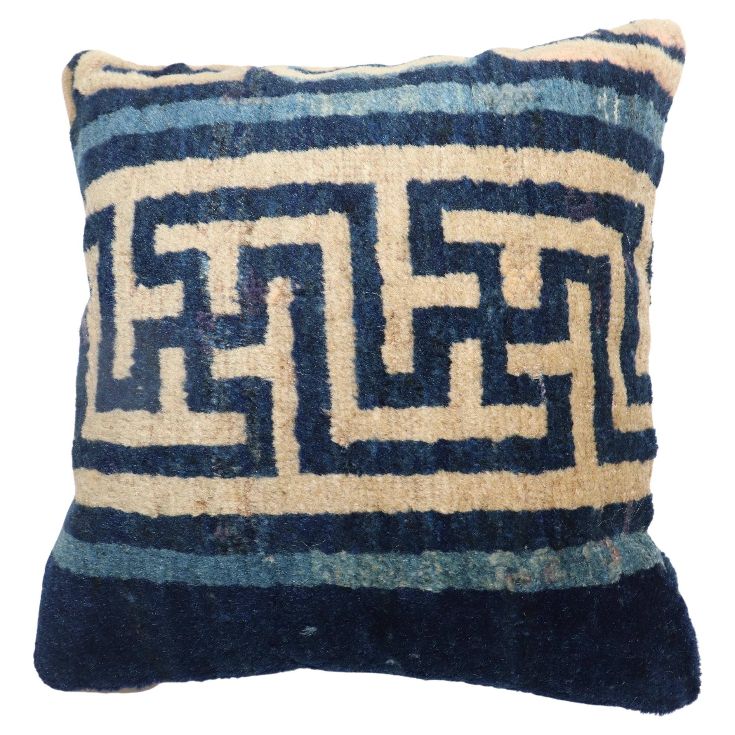 Navy border Chinese Rug Pillow For Sale