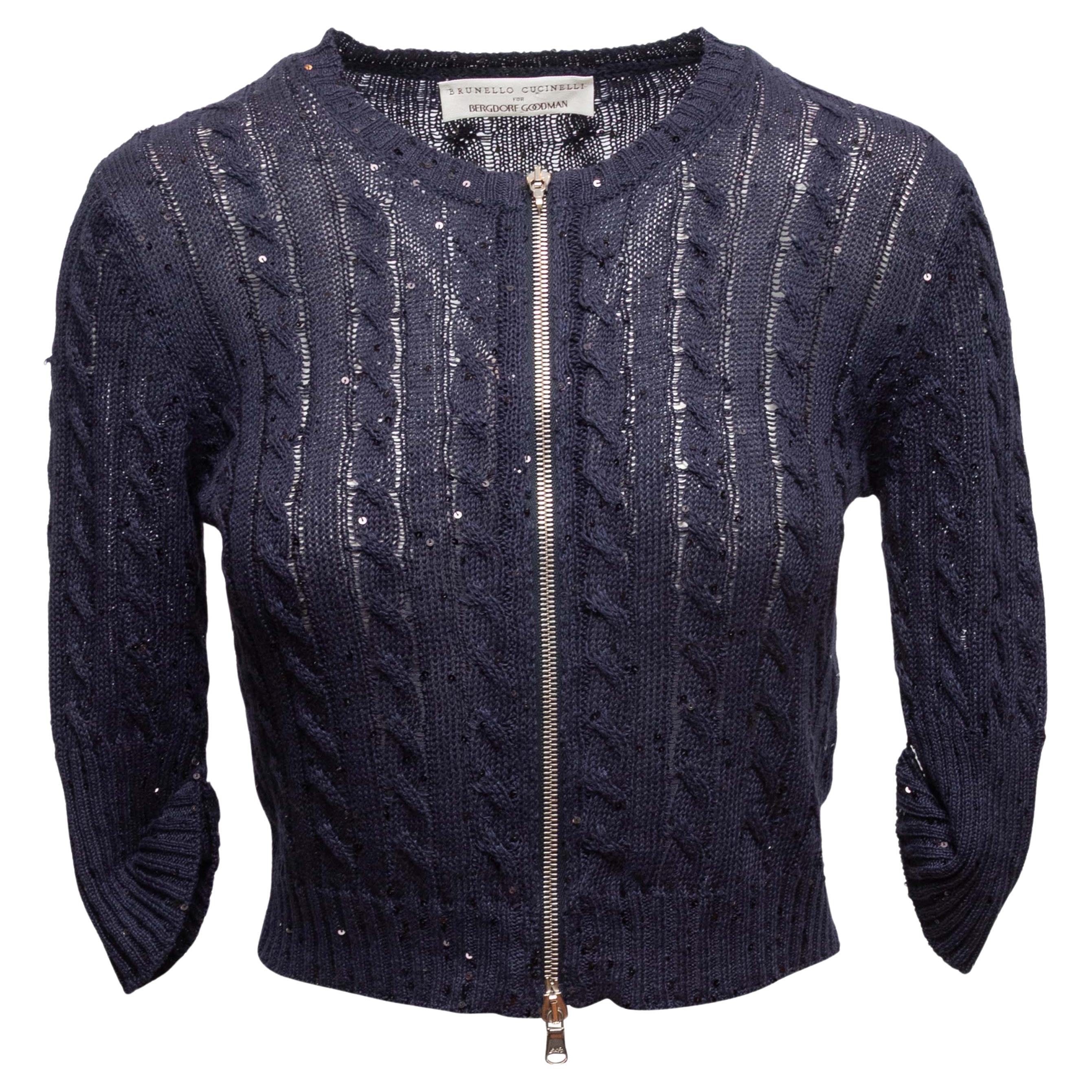 Navy Brunello Cucinelli Linen
Silk-Blend Sequin-Embellished Cardigan Size US M