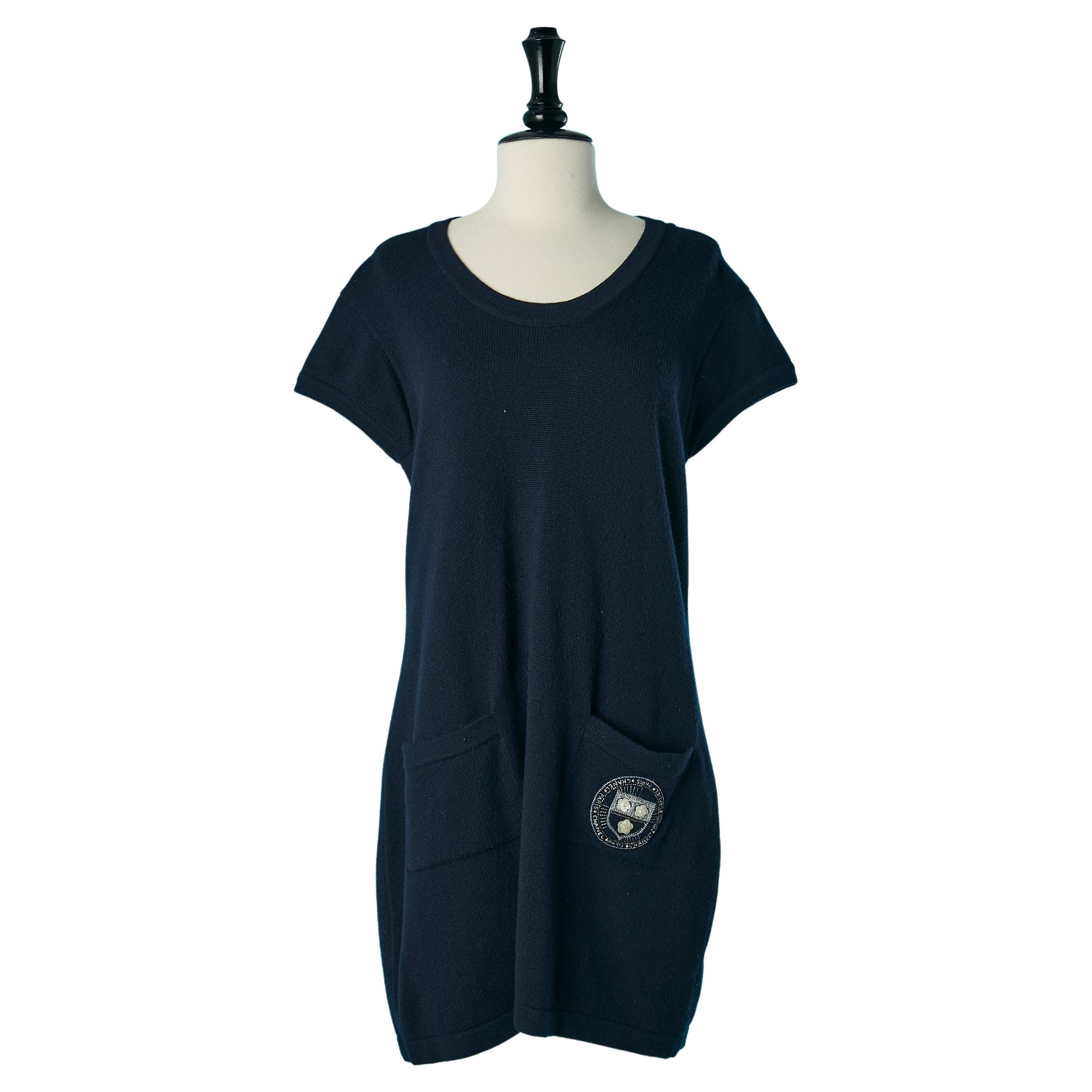 Navy cashmere knit dress with short sleeves Chanel  For Sale