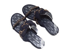 Navy Chanel Braided Suede & Chain-Link Slide Sandals