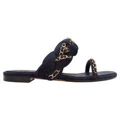 Navy Chanel Braided Suede & Chain-Link Slide Sandals