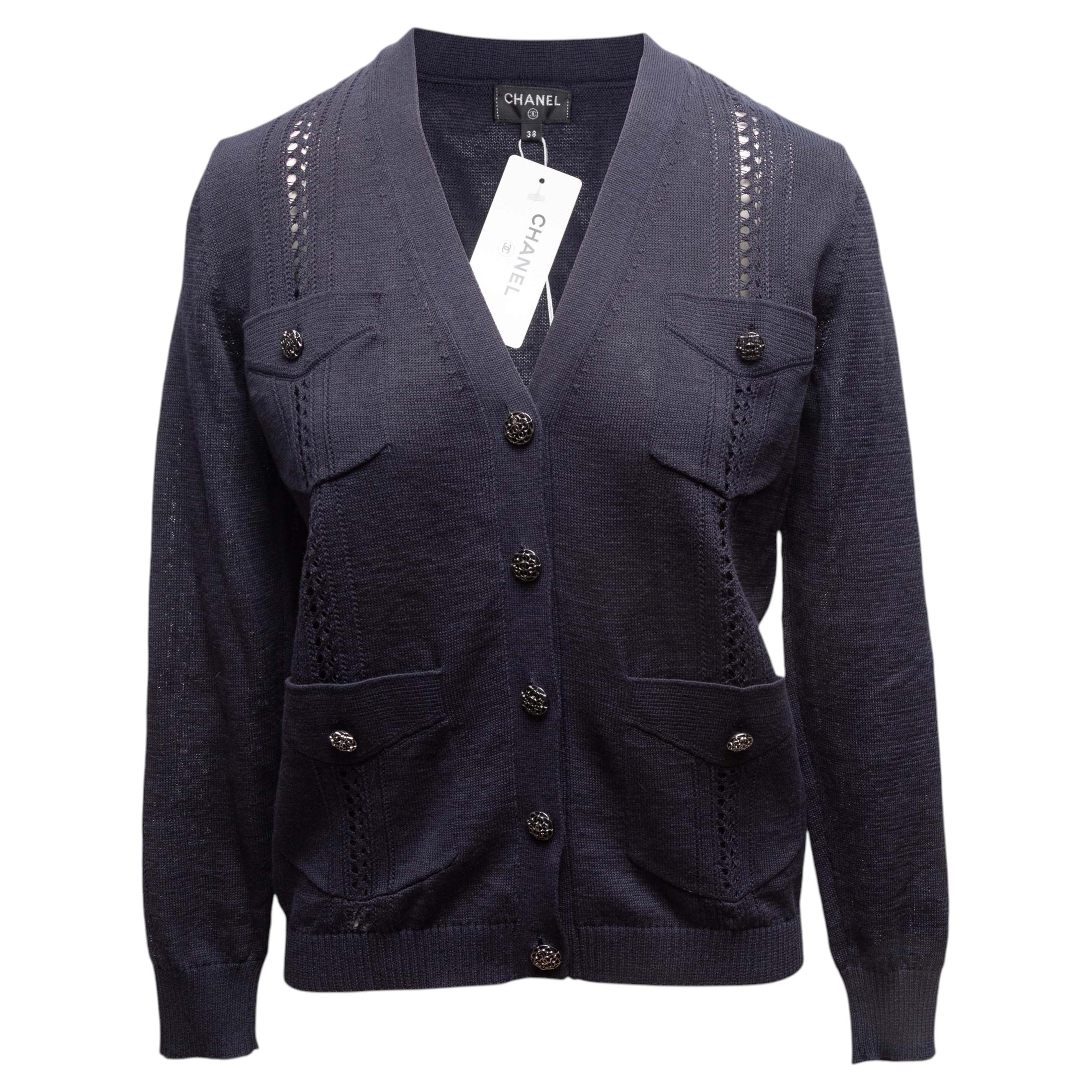Navy Chanel Cotton V-Neck Cardigan Size FR 38
