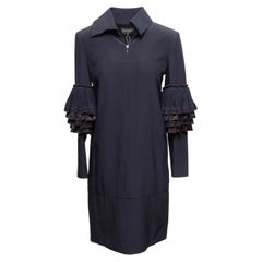 Navy Chanel Silk Ruffle-Trimmed Zip Coat Size FR 36