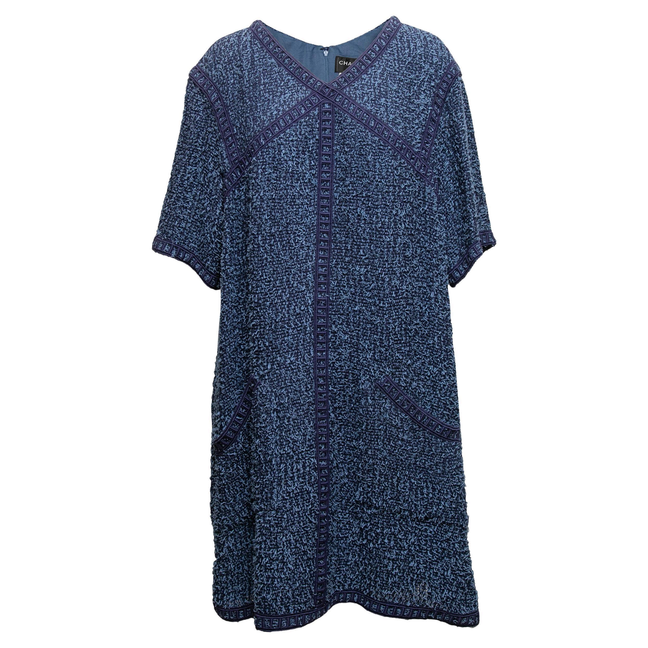 Navy Chanel Tweed Short Sleeve Dress Size FR 50