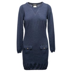 Vestido jersey Chanel azul marino con mezcla de lana y seda Talla FR 46