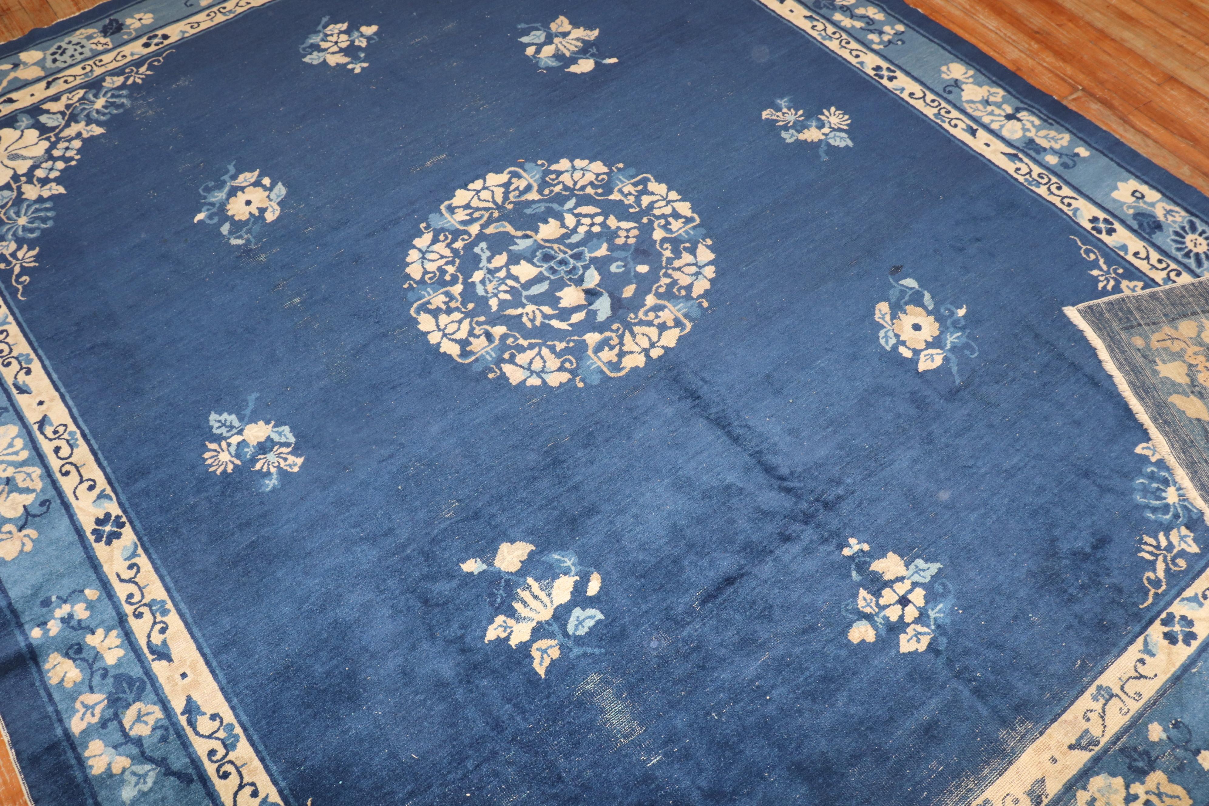 Mid-Century Modern Navy Chinese Peking Room Size Rug For Sale