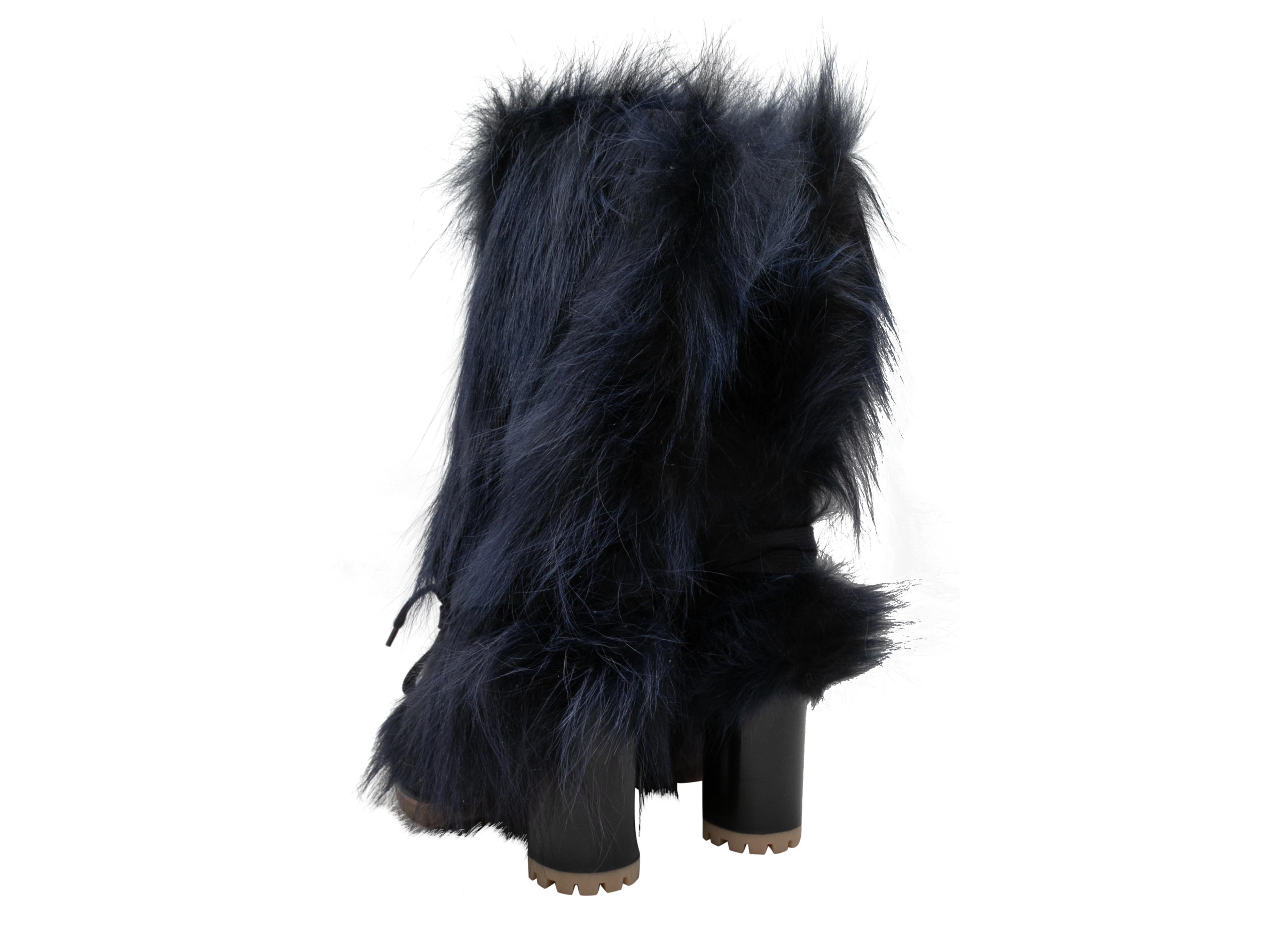 Navy Chloe Coyote Fur & Leather Mid-Calf Boots Size 37 For Sale 1