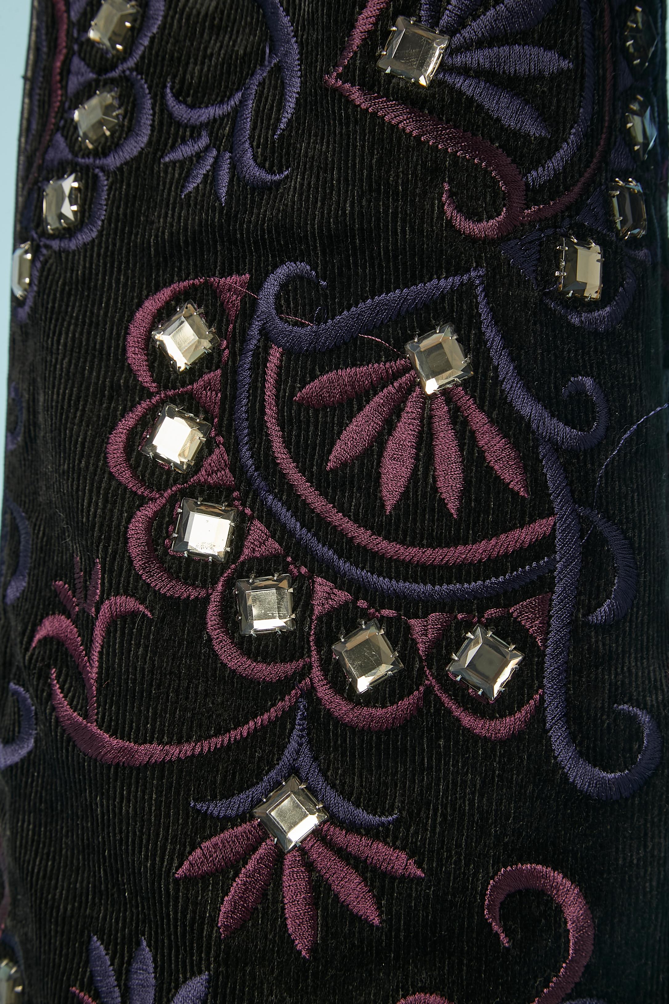 Black Navy corduroy trouser with rhinestone and threads embroideries Elise Overland  For Sale