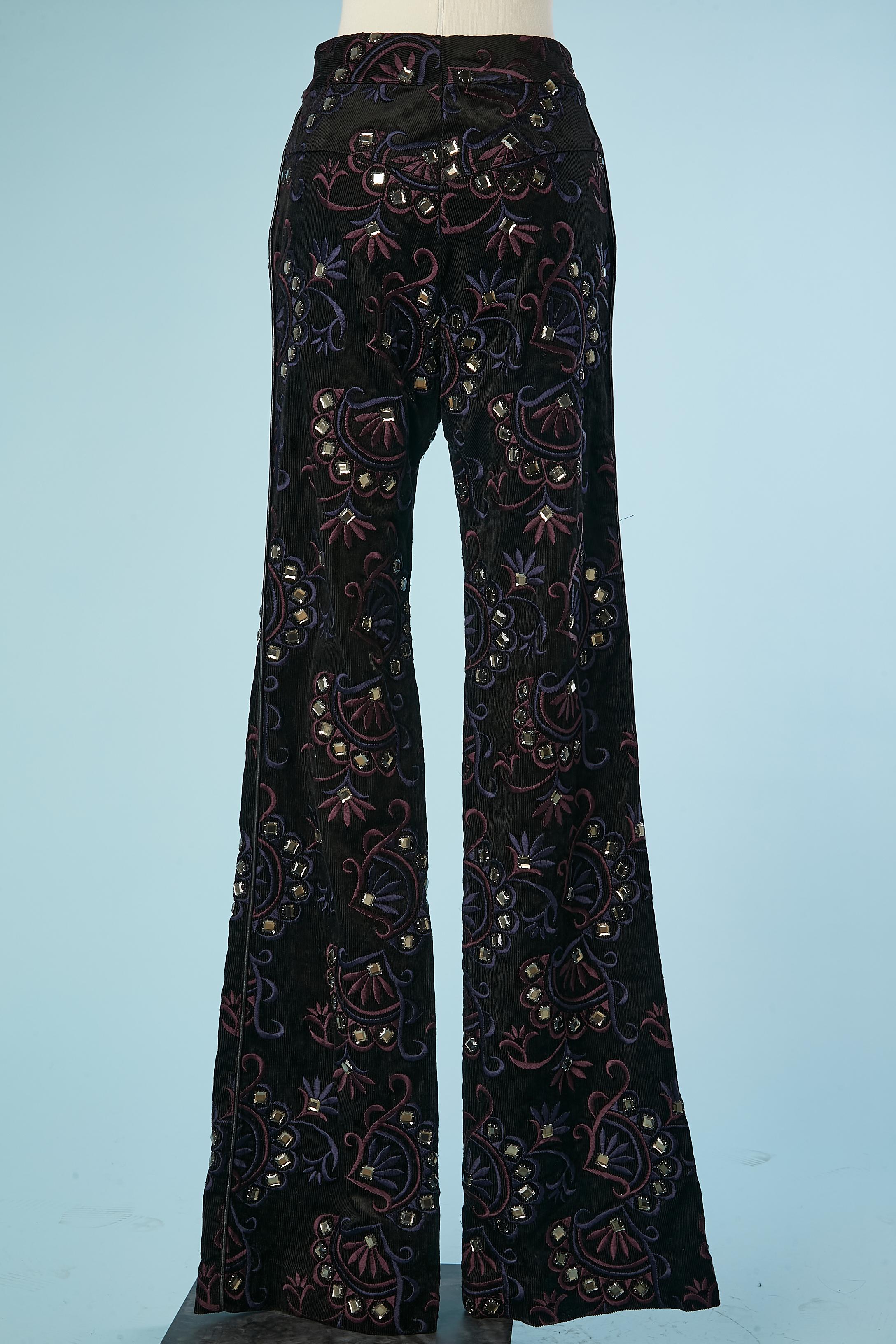 Women's Navy corduroy trouser with rhinestone and threads embroideries Elise Overland  For Sale