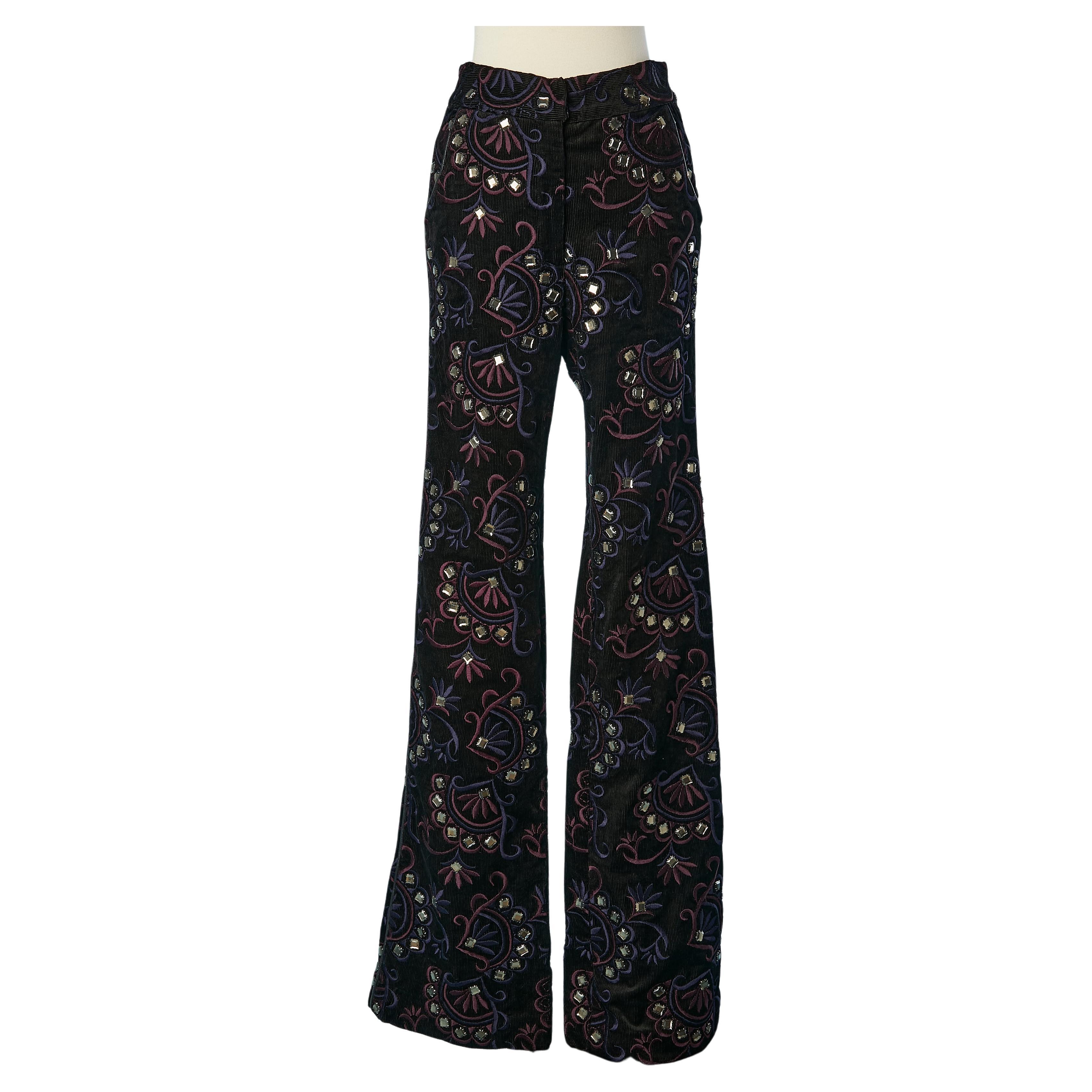 Navy corduroy trouser with rhinestone and threads embroideries Elise Overland  For Sale