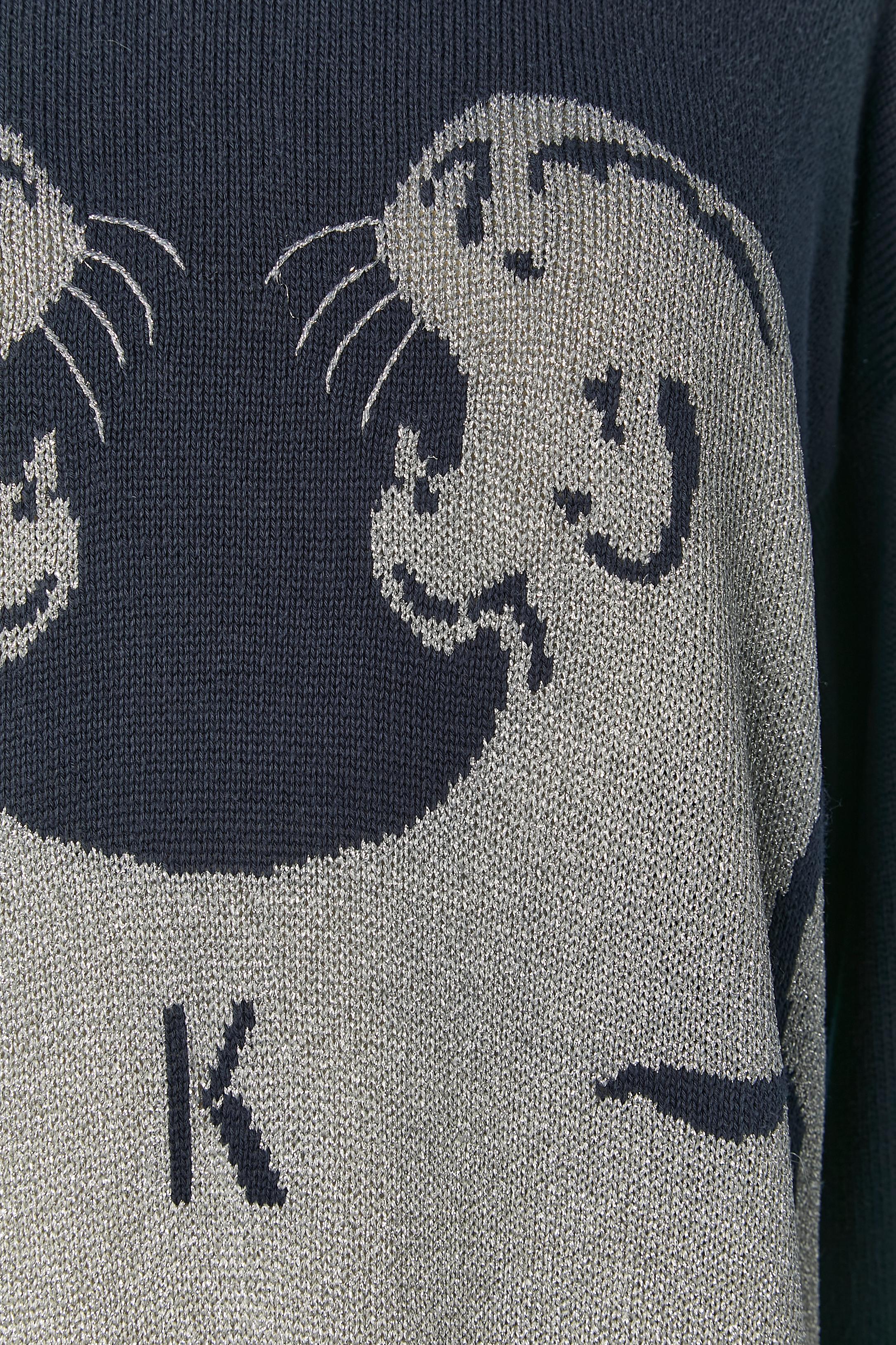 Navy cotton and silver lurex sweater dress with jaguar faces jacquard pattern. 
SIZE 40  M/L 