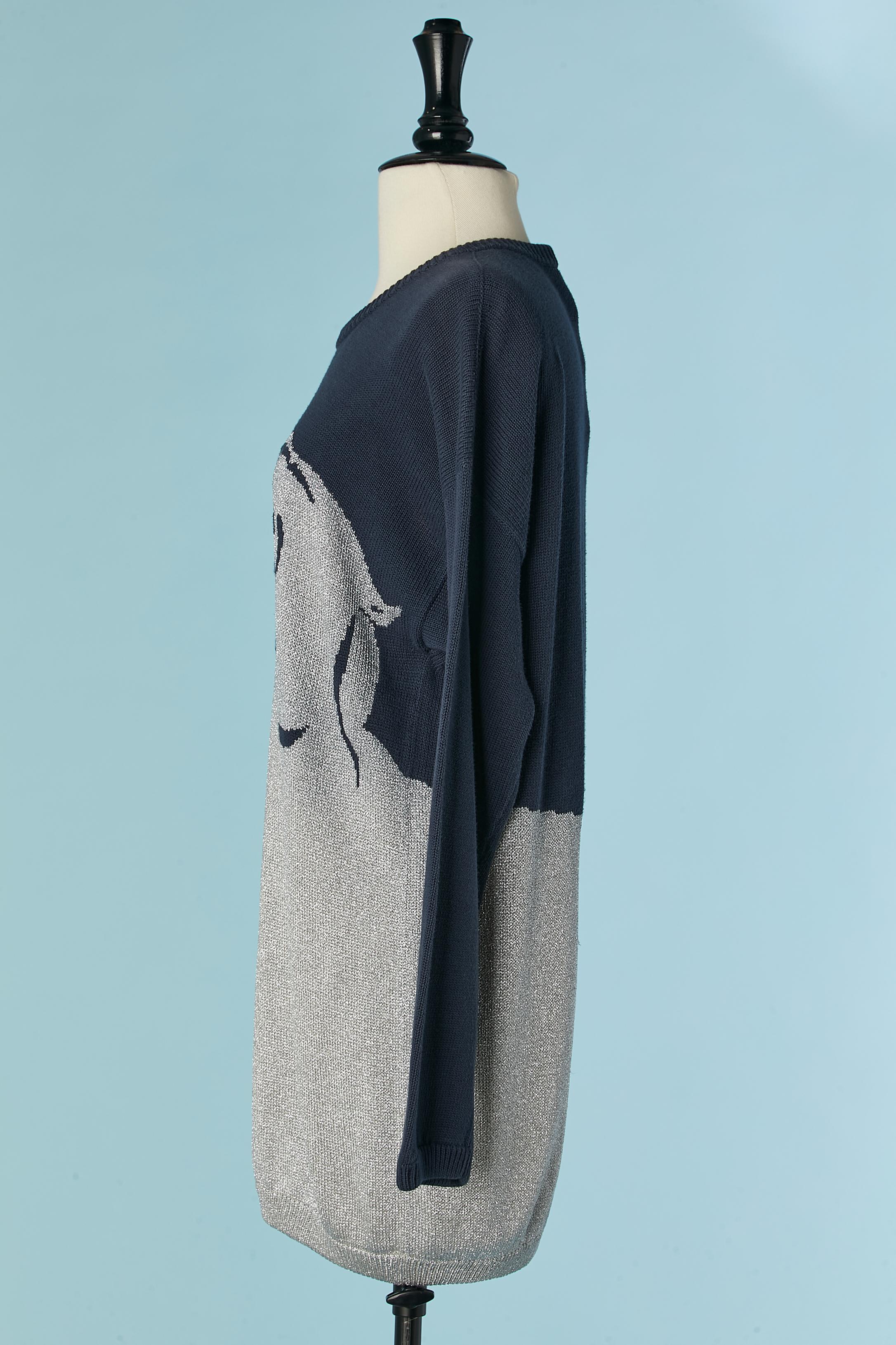 Black Navy cotton and silver lurex sweater dress with jaguar faces Krizia Maglia For Sale