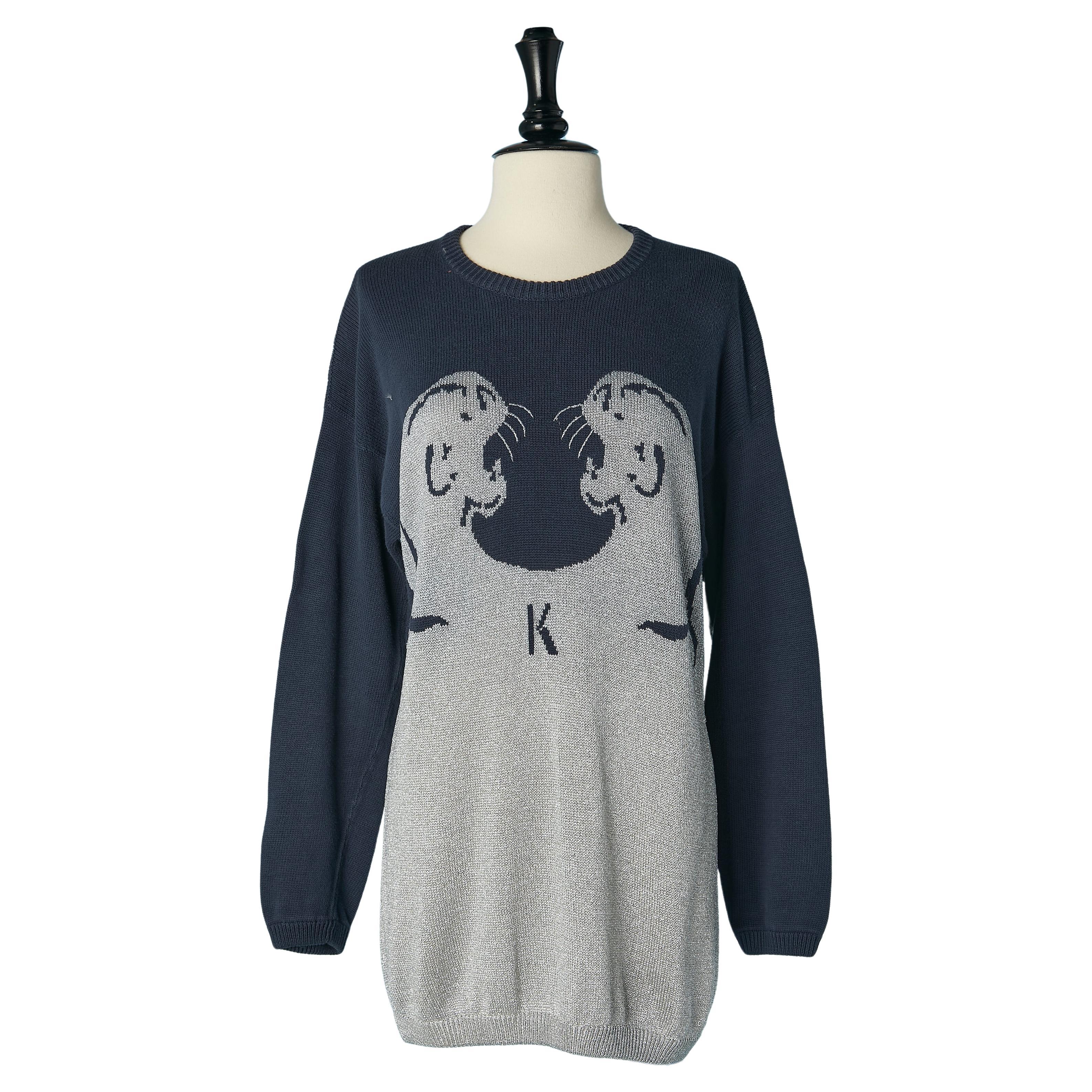 Navy cotton and silver lurex sweater dress with jaguar faces Krizia Maglia
