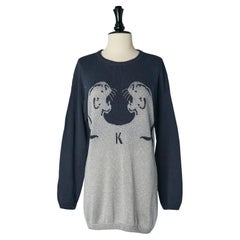 Vestido jersey de algodón azul marino y lúrex plateado con caras de jaguar Krizia Maglia