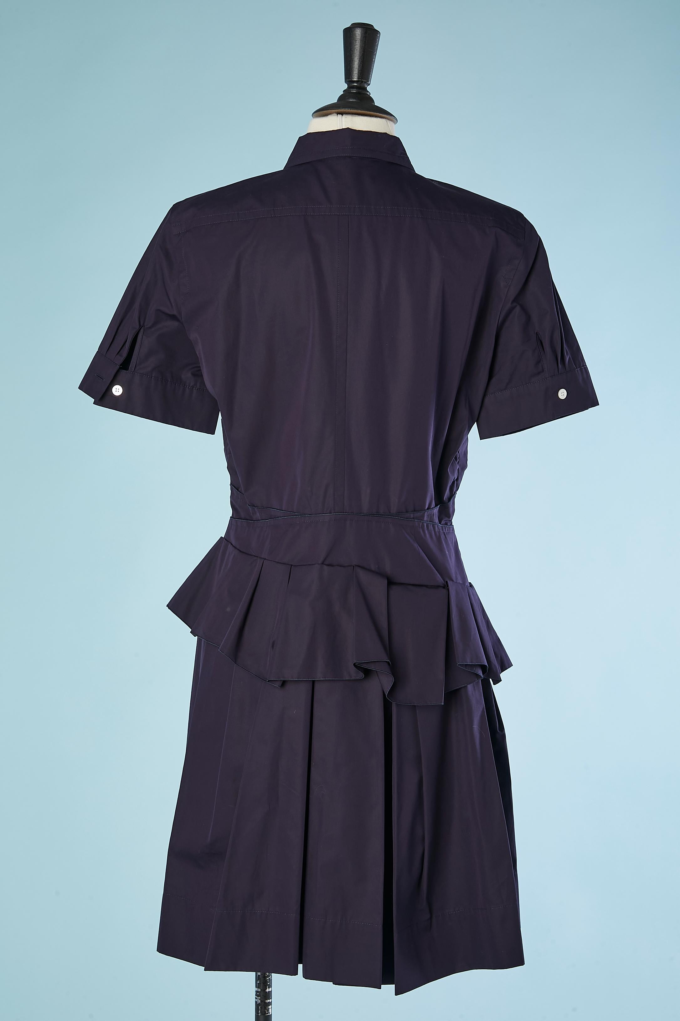 Marineblaues Chemise-Kleid aus Baumwolle mit Falten und Rüschen von Louis Vuitton (Schwarz) im Angebot