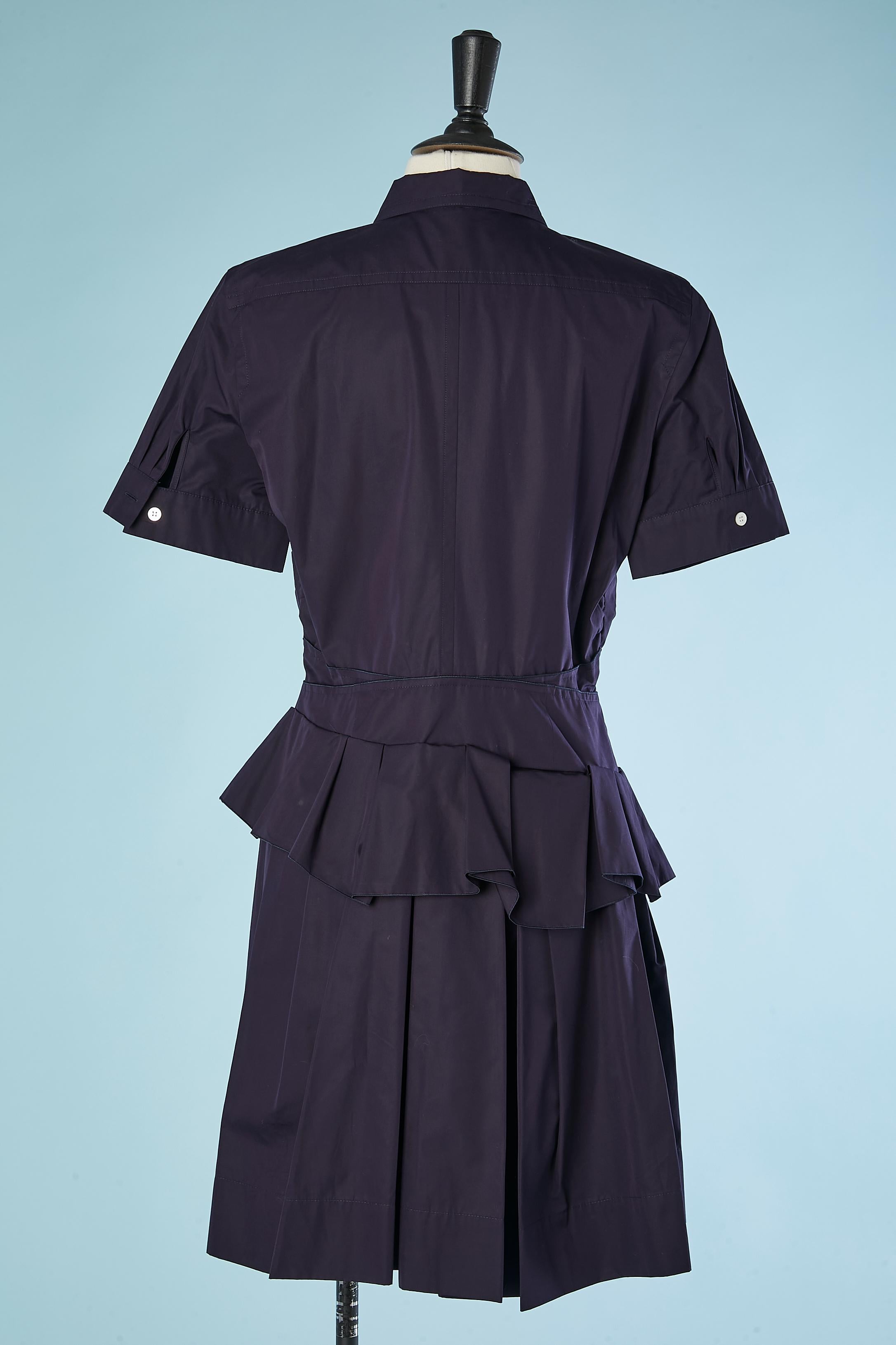 Marineblaues Chemise-Kleid aus Baumwolle mit Falten und Rüschen von Louis Vuitton  Damen im Angebot