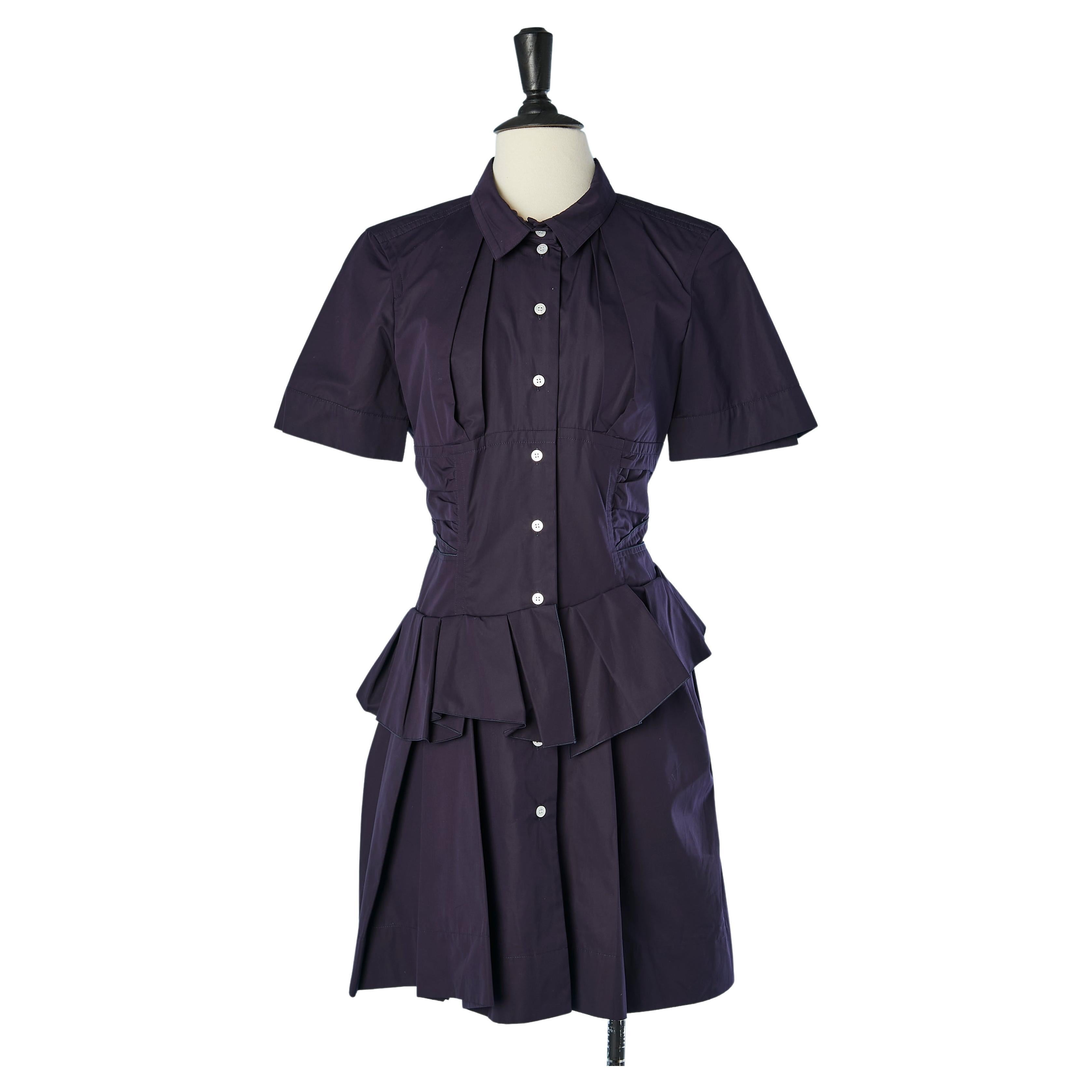 Marineblaues Chemise-Kleid aus Baumwolle mit Falten und Rüschen von Louis Vuitton  im Angebot