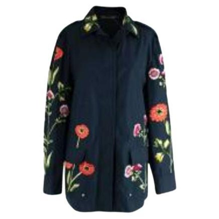 navy cotton gabardine floral embroidered field jacket For Sale at 1stDibs
