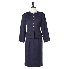 Navy cotton jacquard skirt-suit with gold metal button Balenciaga Paris 